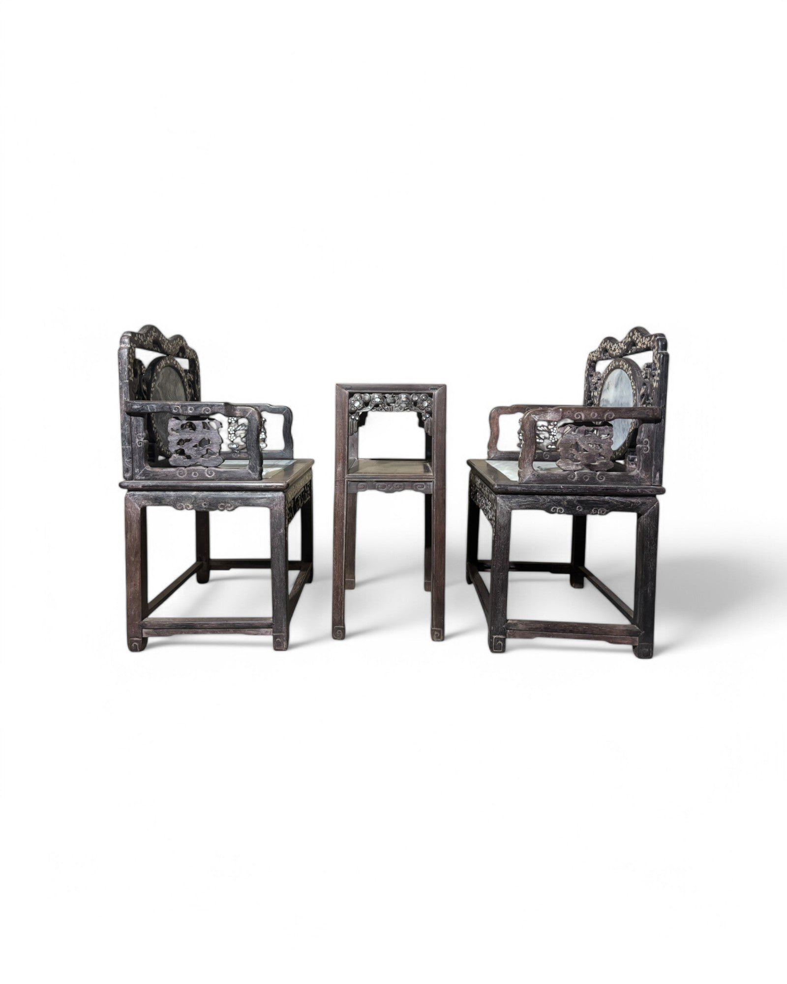 Chinese Pearl & Marble Engraved Tea Table Set - Set of 3