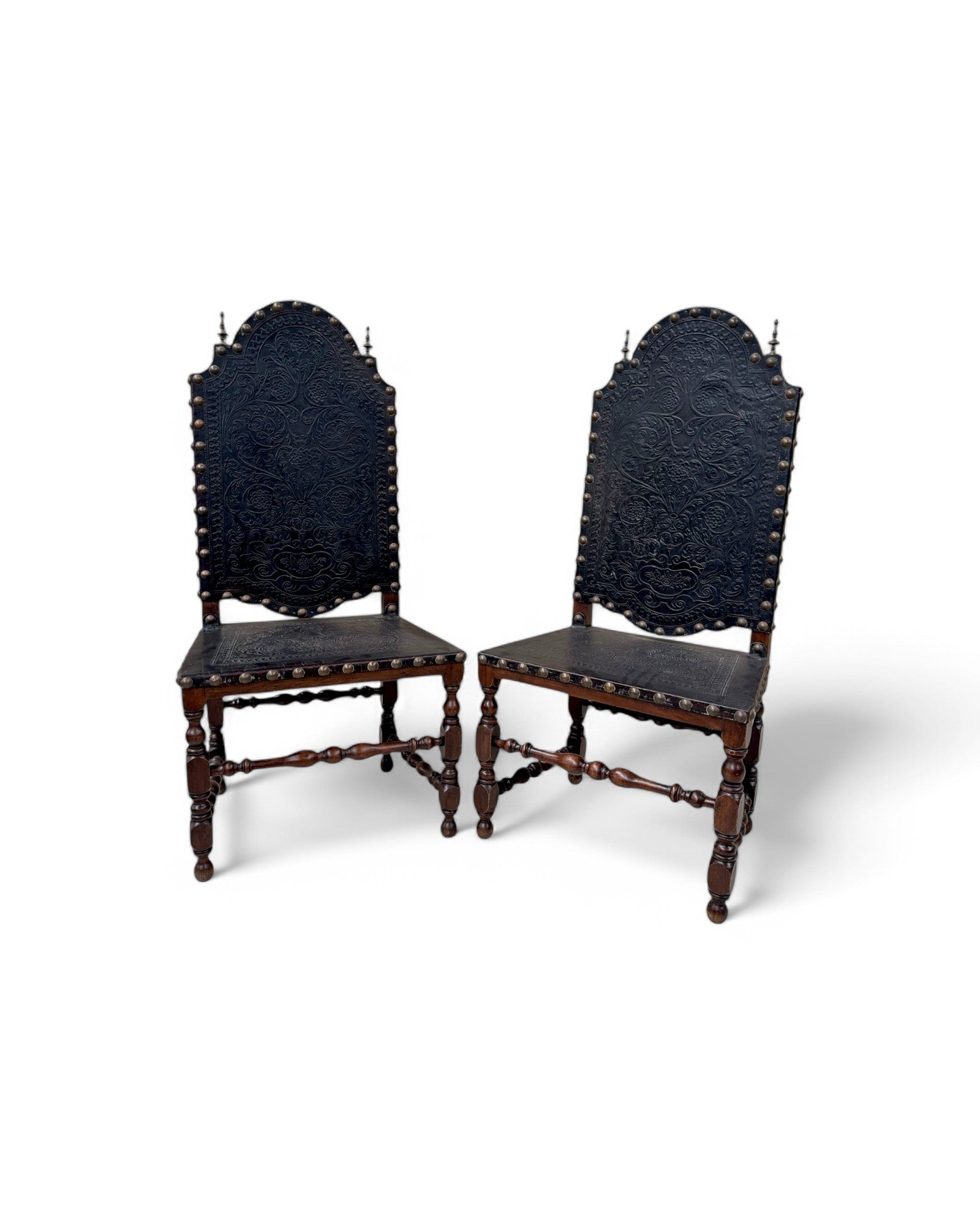 Portugese Embossed Leather Oakwood Dining Chairs - Set of 8