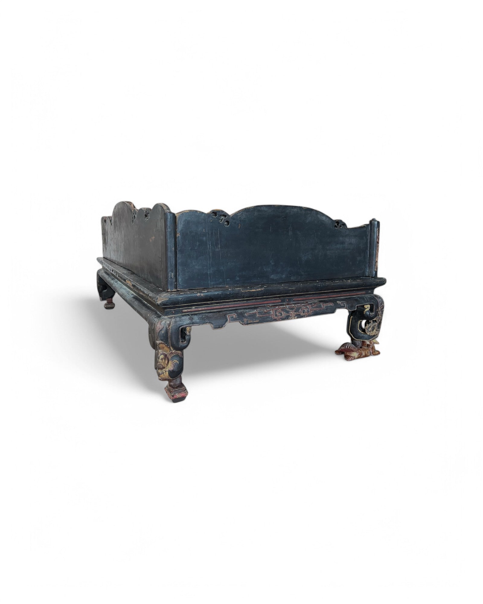 Fujian, Chazhou Black Lacquered Carved Lohan Daybed with Detailed Scenic Paintings