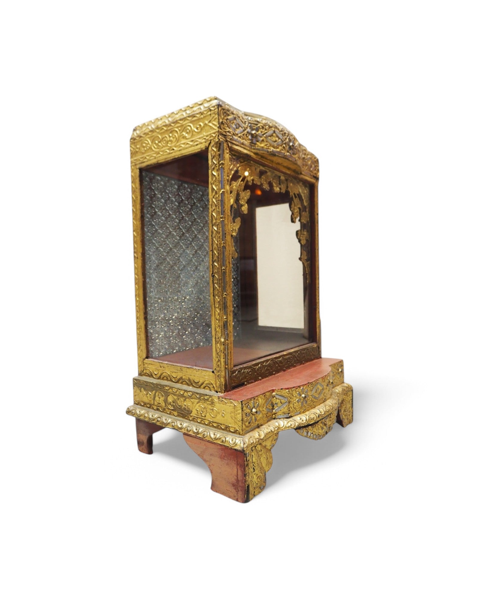 Antique Burmese Wooden Buddha Shrine with Silver Backdrop