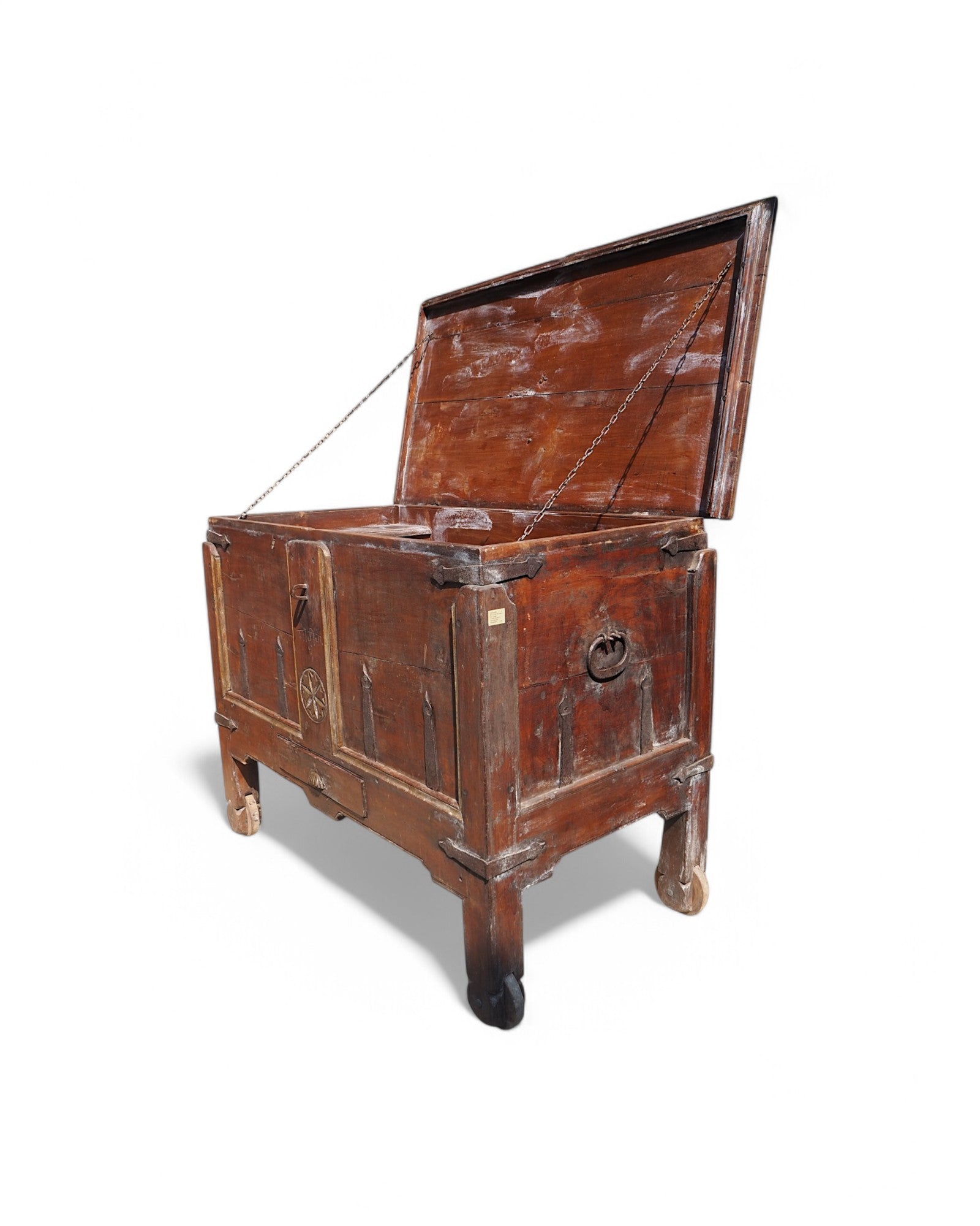 Antique Teak Goa Wheeled Storage Chest 1900s