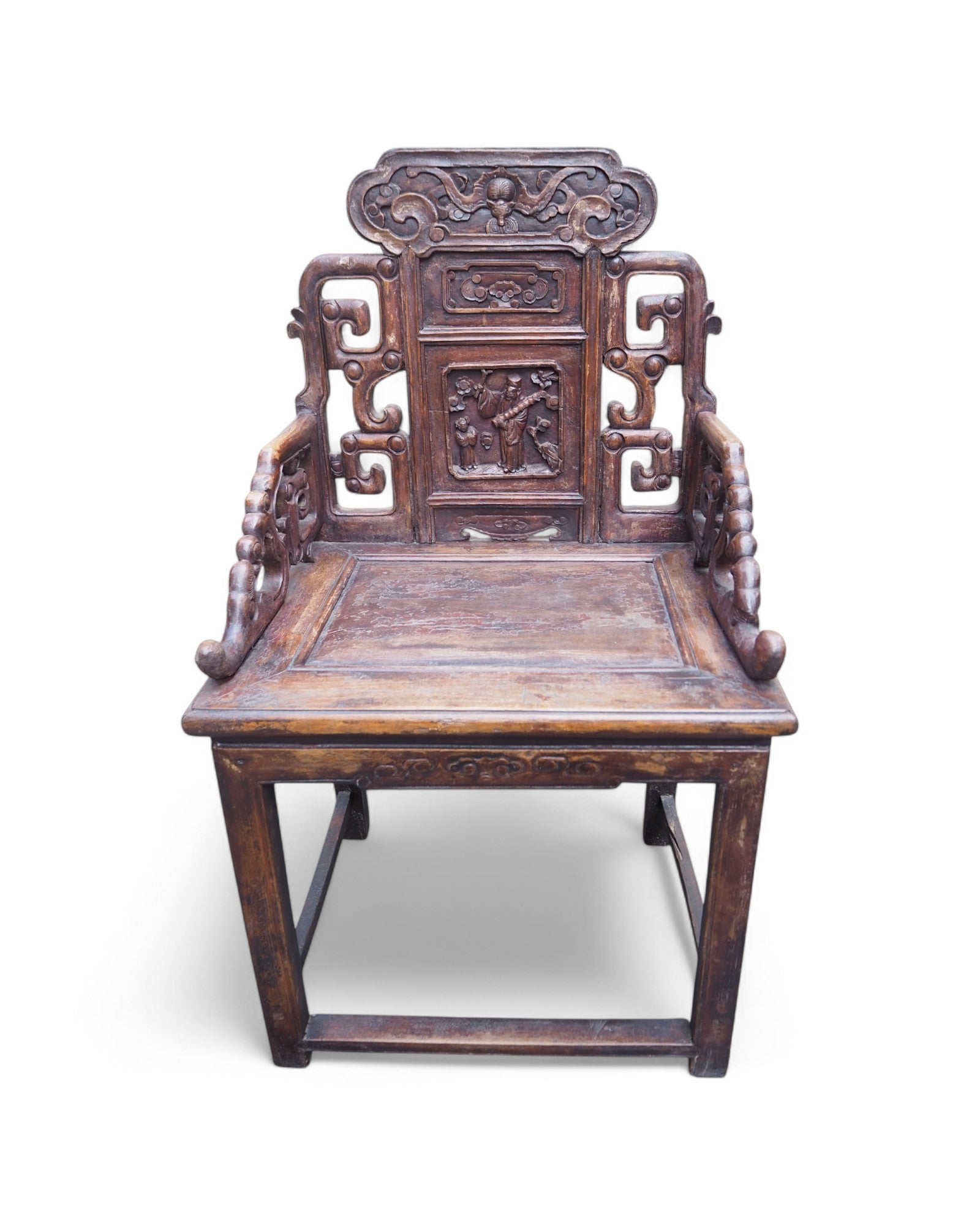 Antique Late Qing Cedar Daily Life Scenic Dining Armchairs - Set of 8