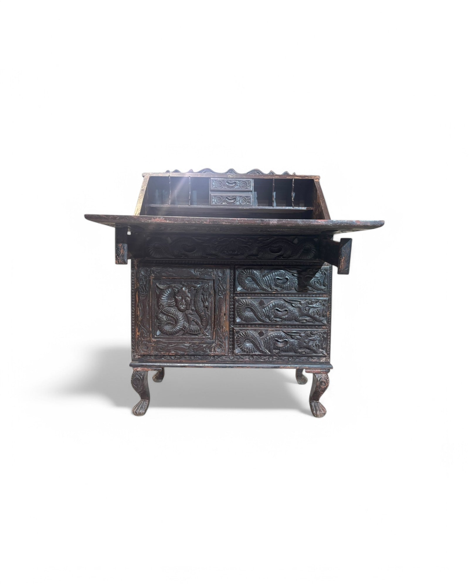 Anglo-Indian Dragon Carved Walnut Antique Bureau Writing Desk