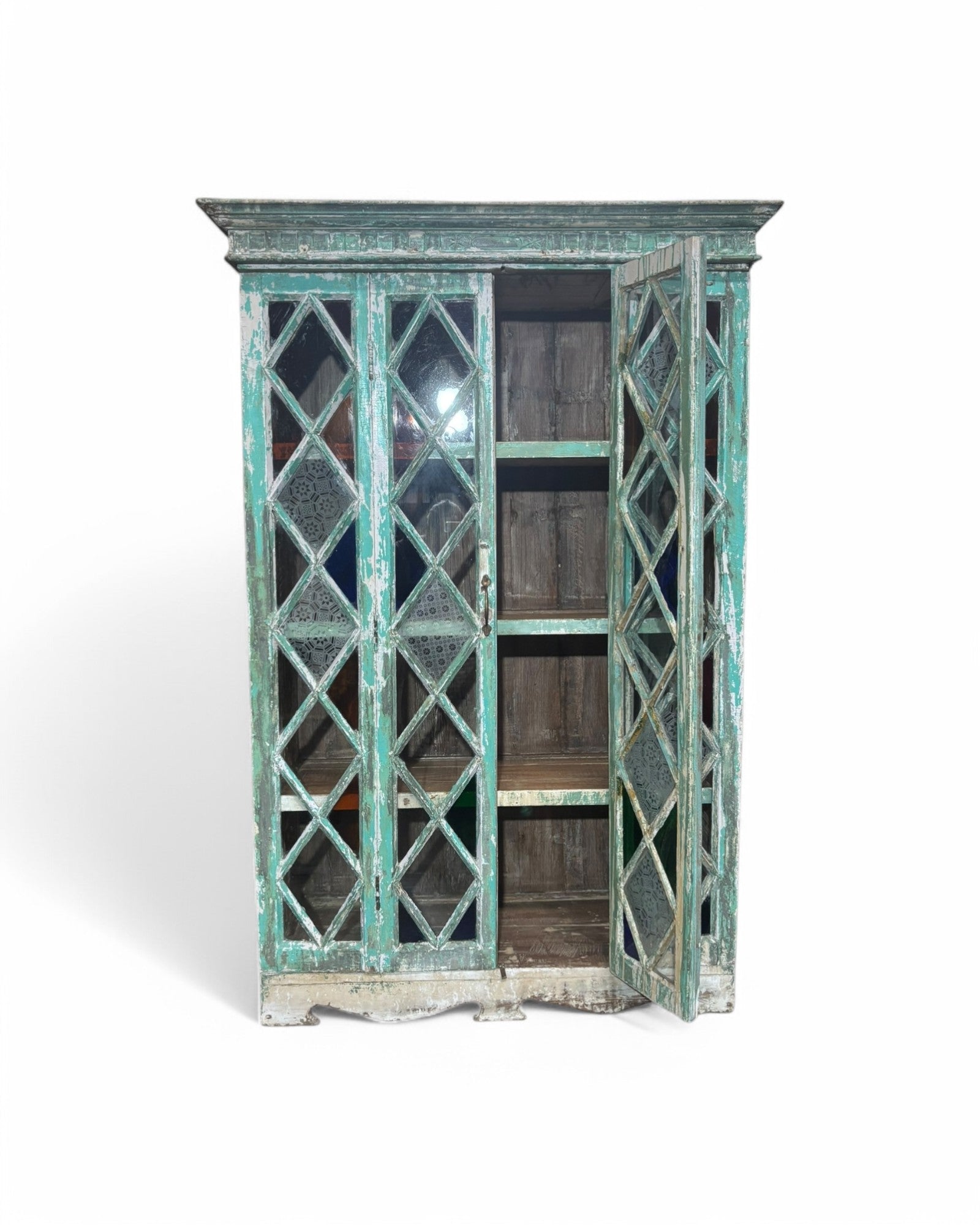 Turquoise Indian Teak Wood Almirah Cabinet with Paneled Foldable Glass Doors