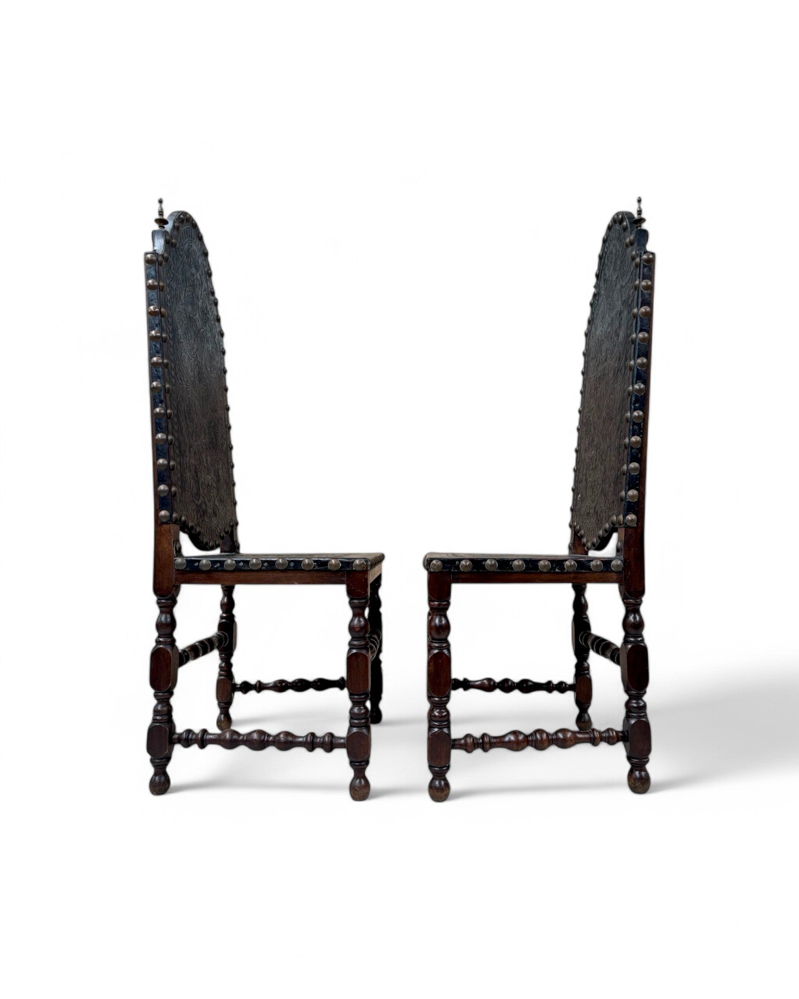 Portugese Embossed Leather Oakwood Dining Chairs - Set of 8