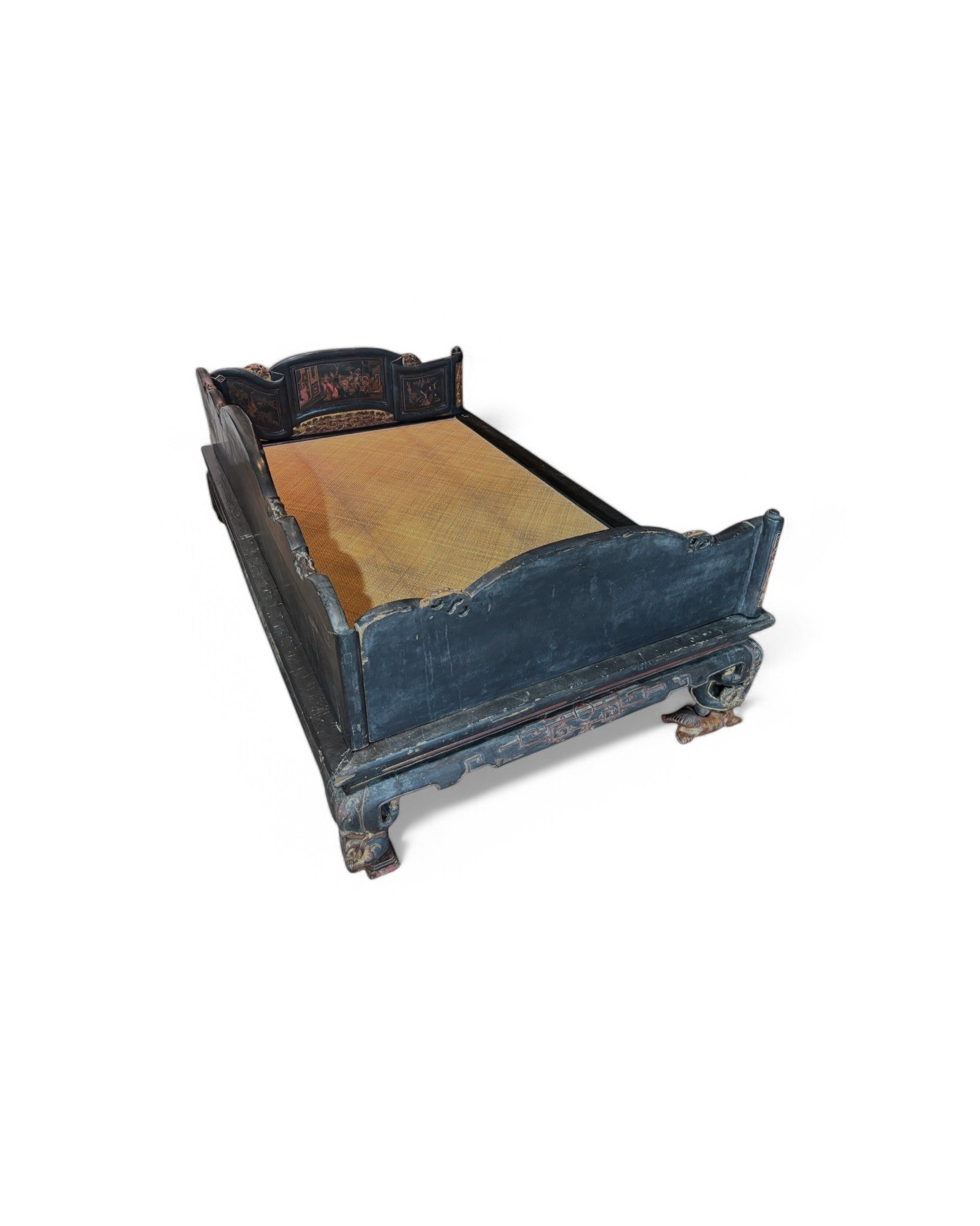 Fujian, Chazhou Black Lacquered Carved Lohan Daybed with Detailed Scenic Paintings