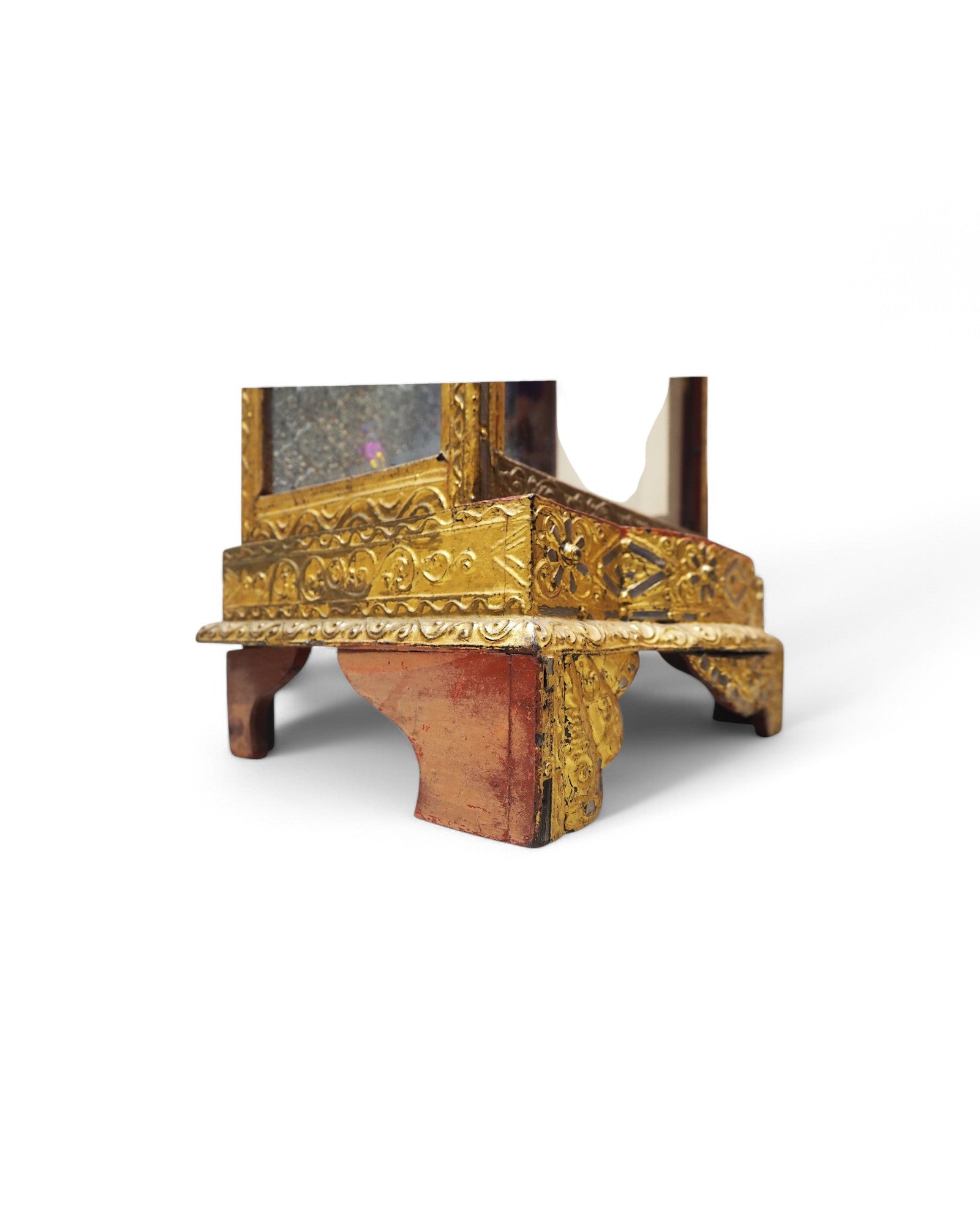 Antique Burmese Wooden Buddha Shrine with Silver Backdrop