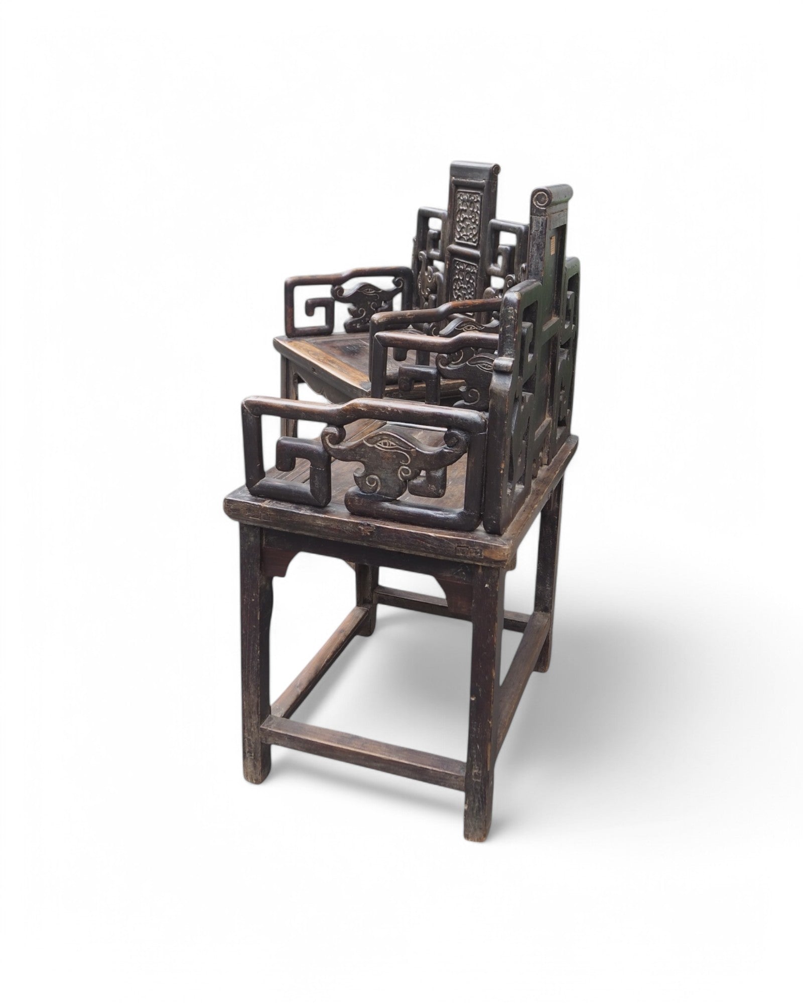 Mid Qing Dynasty Black Elm Lacquered Zhuo Vine Armchairs - Set of 2