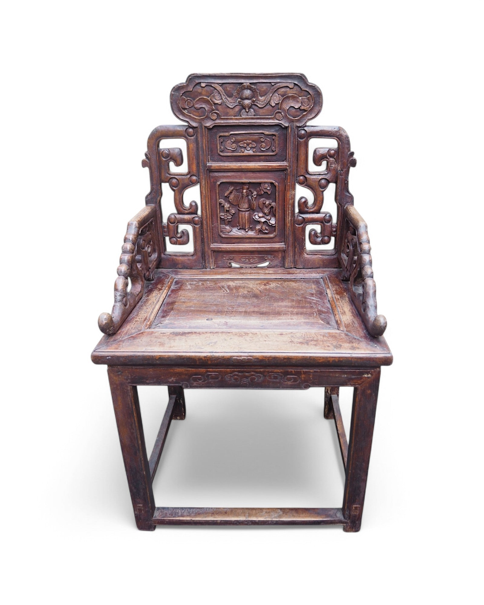 Antique Late Qing Cedar Daily Life Scenic Dining Armchairs - Set of 8