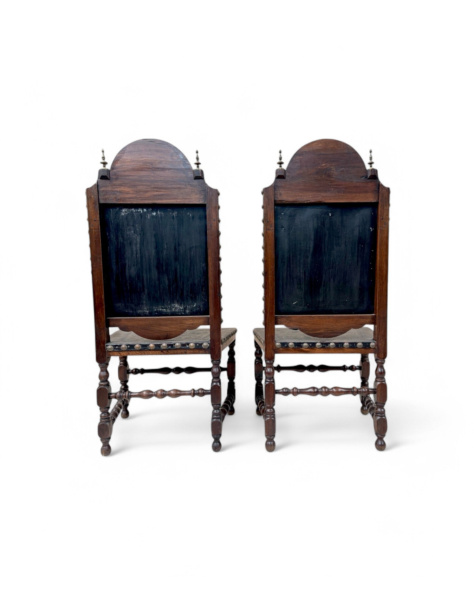 Portugese Embossed Leather Oakwood Dining Chairs - Set of 8