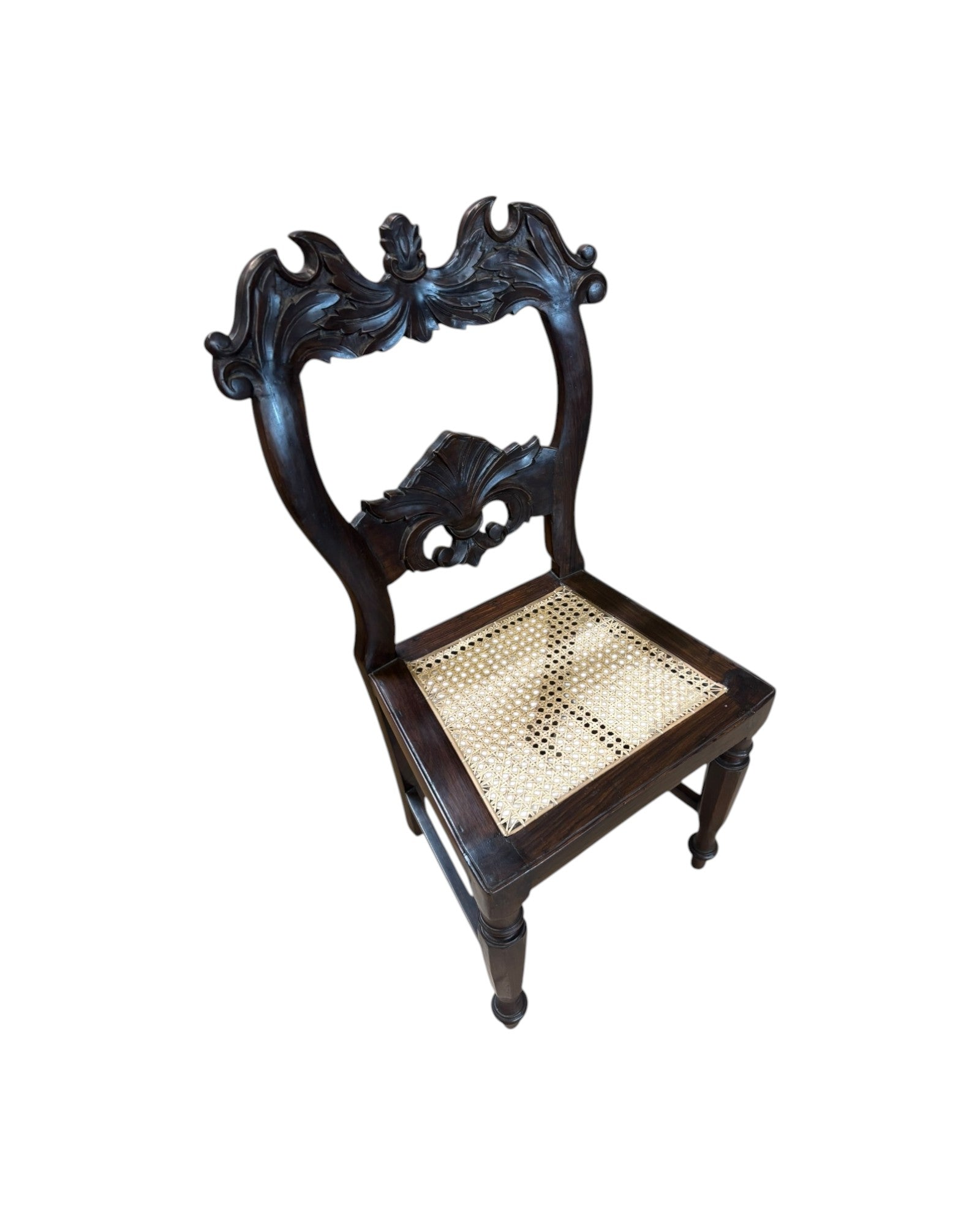 Anglo-Indian Rosewood Carved Settee chair with Rattan Seating