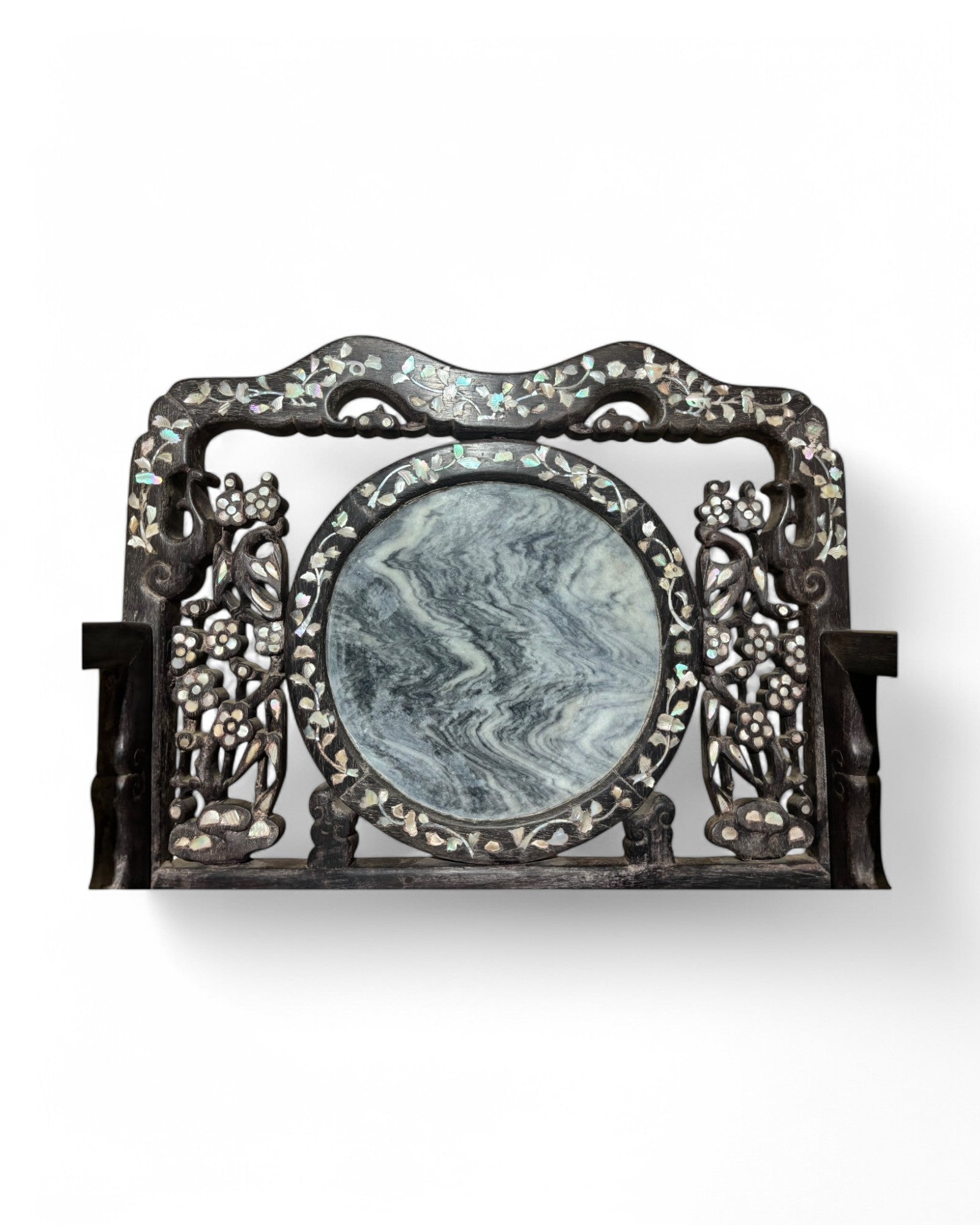 Chinese Pearl & Marble Engraved Tea Table Set - Set of 3