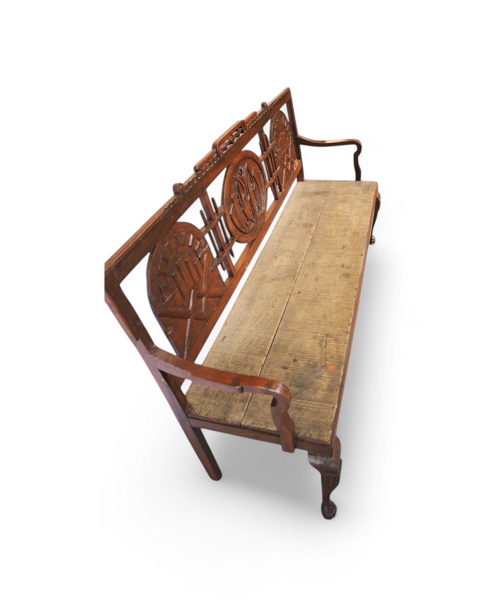 1920s Colonial Carved Emblem Teak Bench - Surround Living - 13