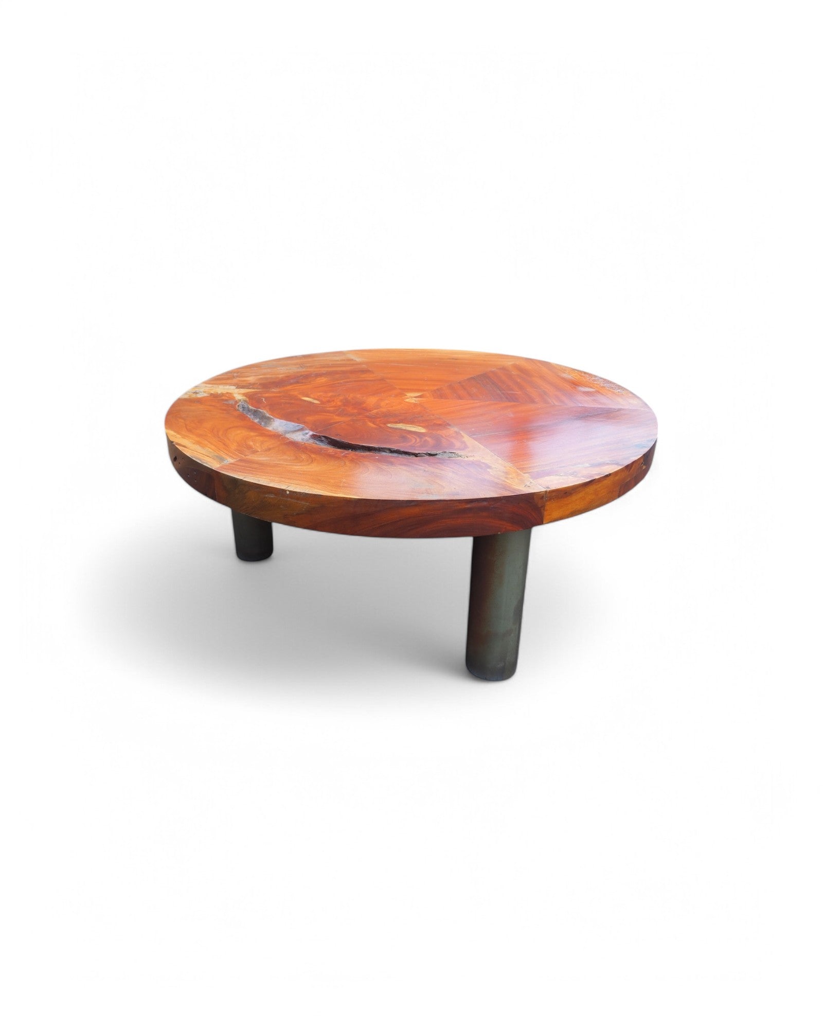 Round Sliced Teak & Steel Low Coffee Table