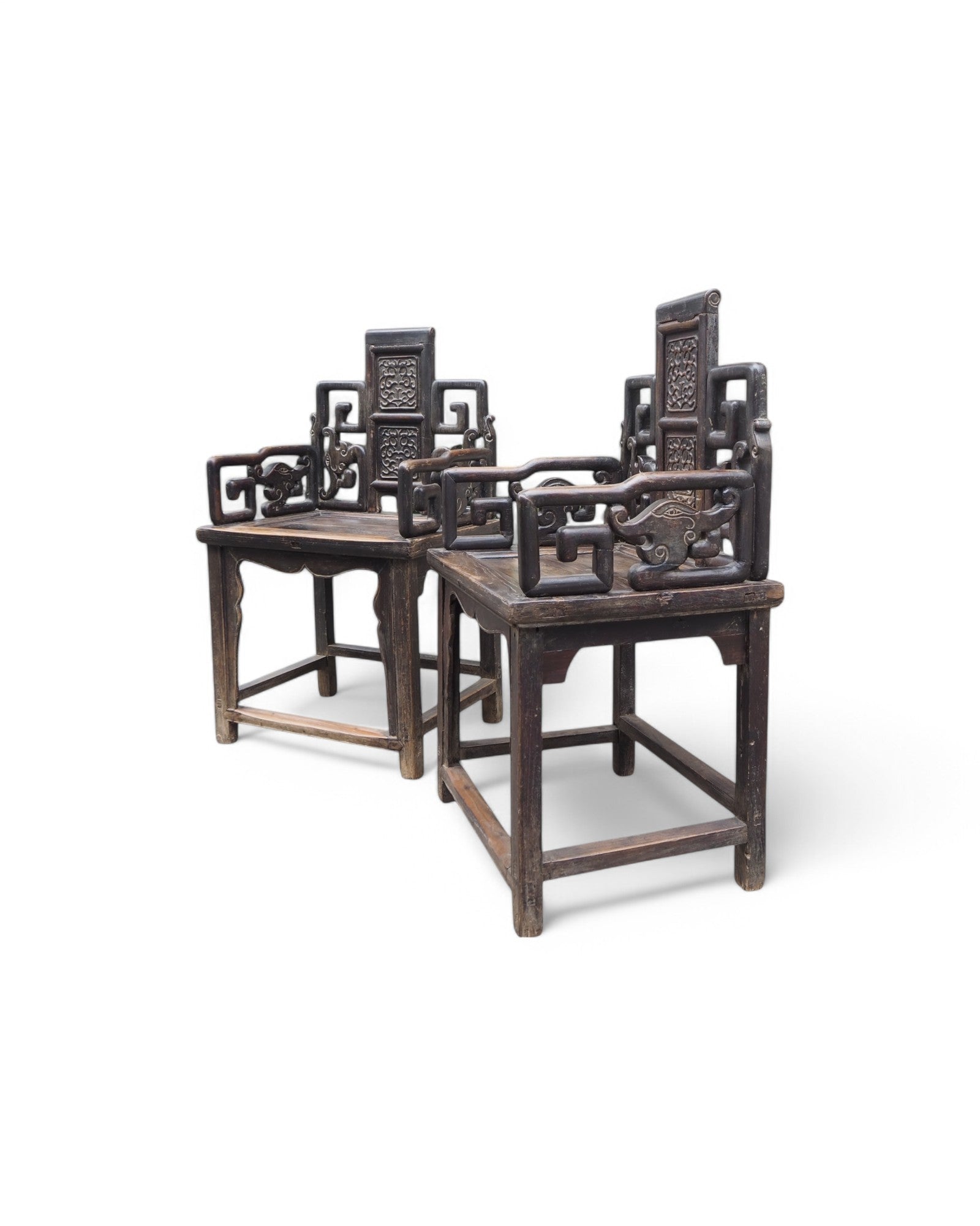 Mid Qing Dynasty Black Elm Lacquered Zhuo Vine Armchairs - Set of 2