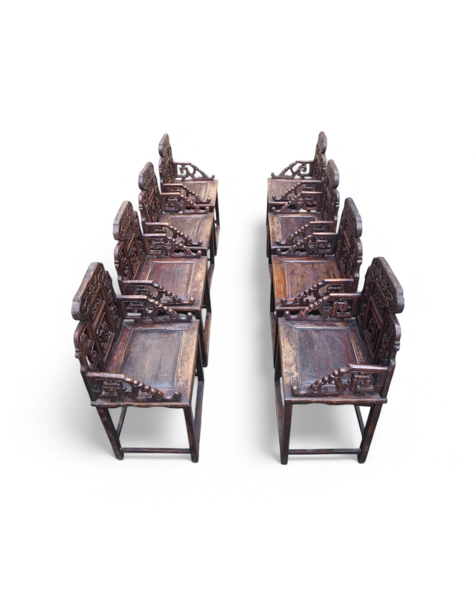 Antique Late Qing Cedar Daily Life Scenic Dining Armchairs - Set of 8