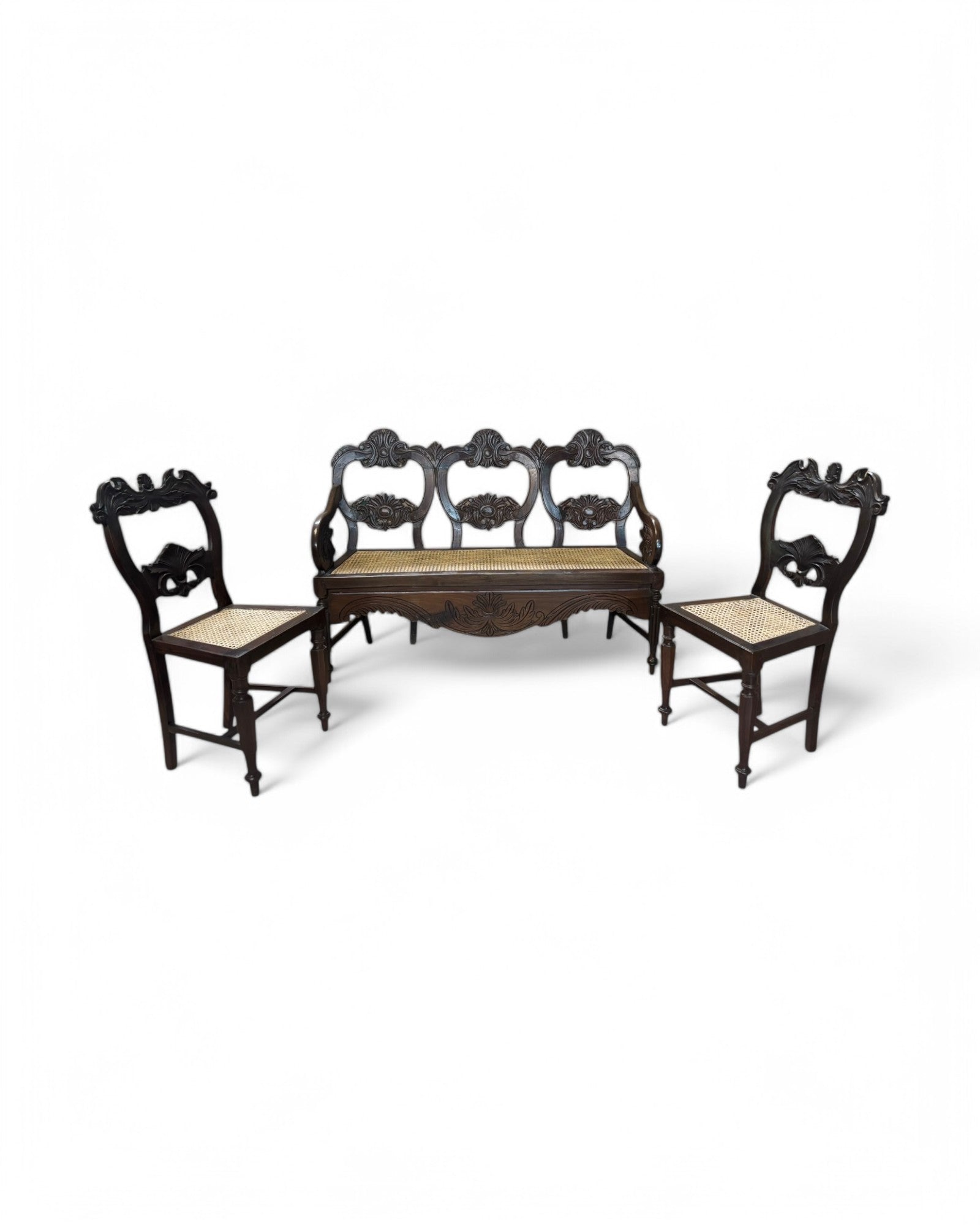 Anglo-Indian Rosewood Carved Settee chair with Rattan Seating
