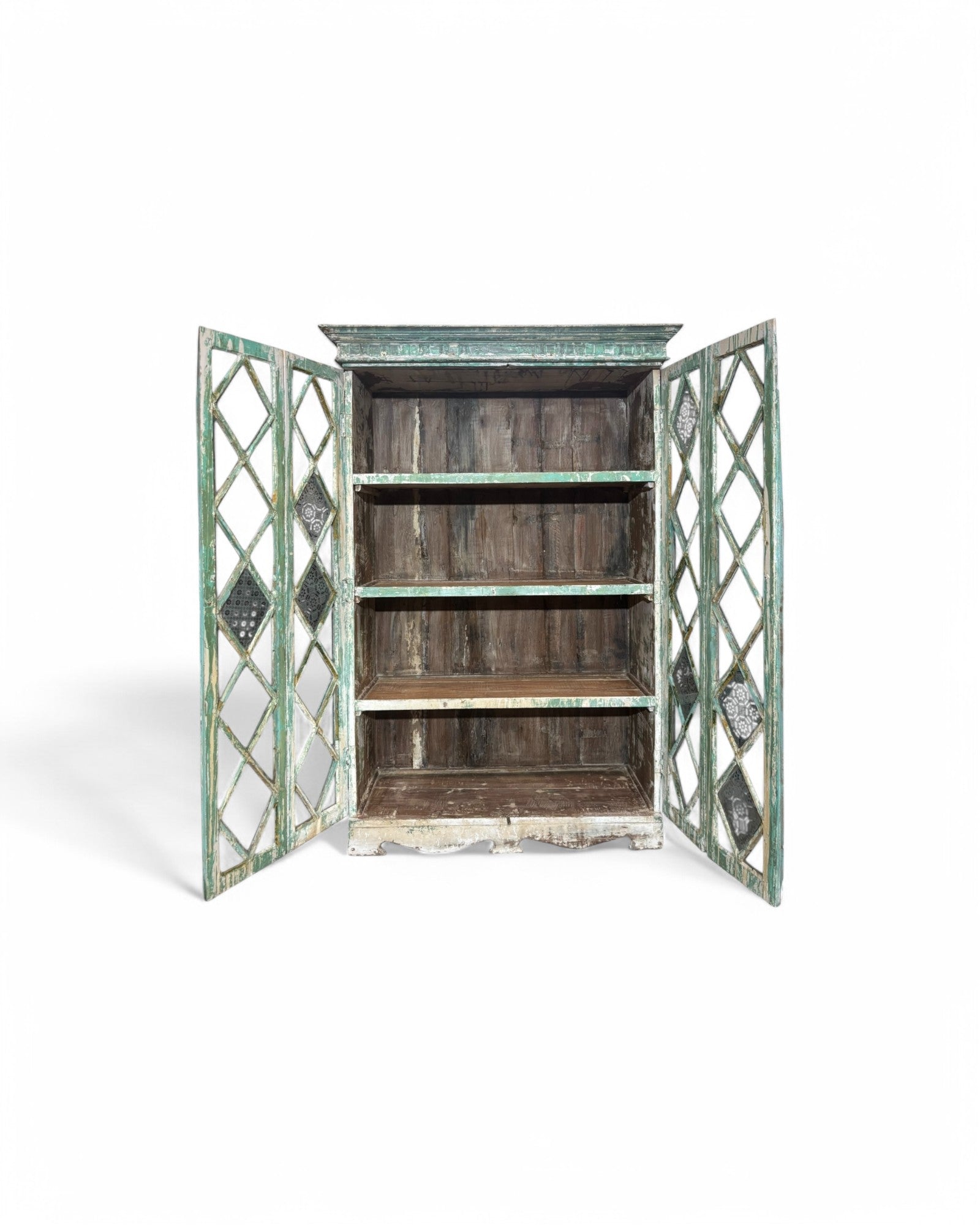 Turquoise Indian Teak Wood Almirah Cabinet with Paneled Foldable Glass Doors
