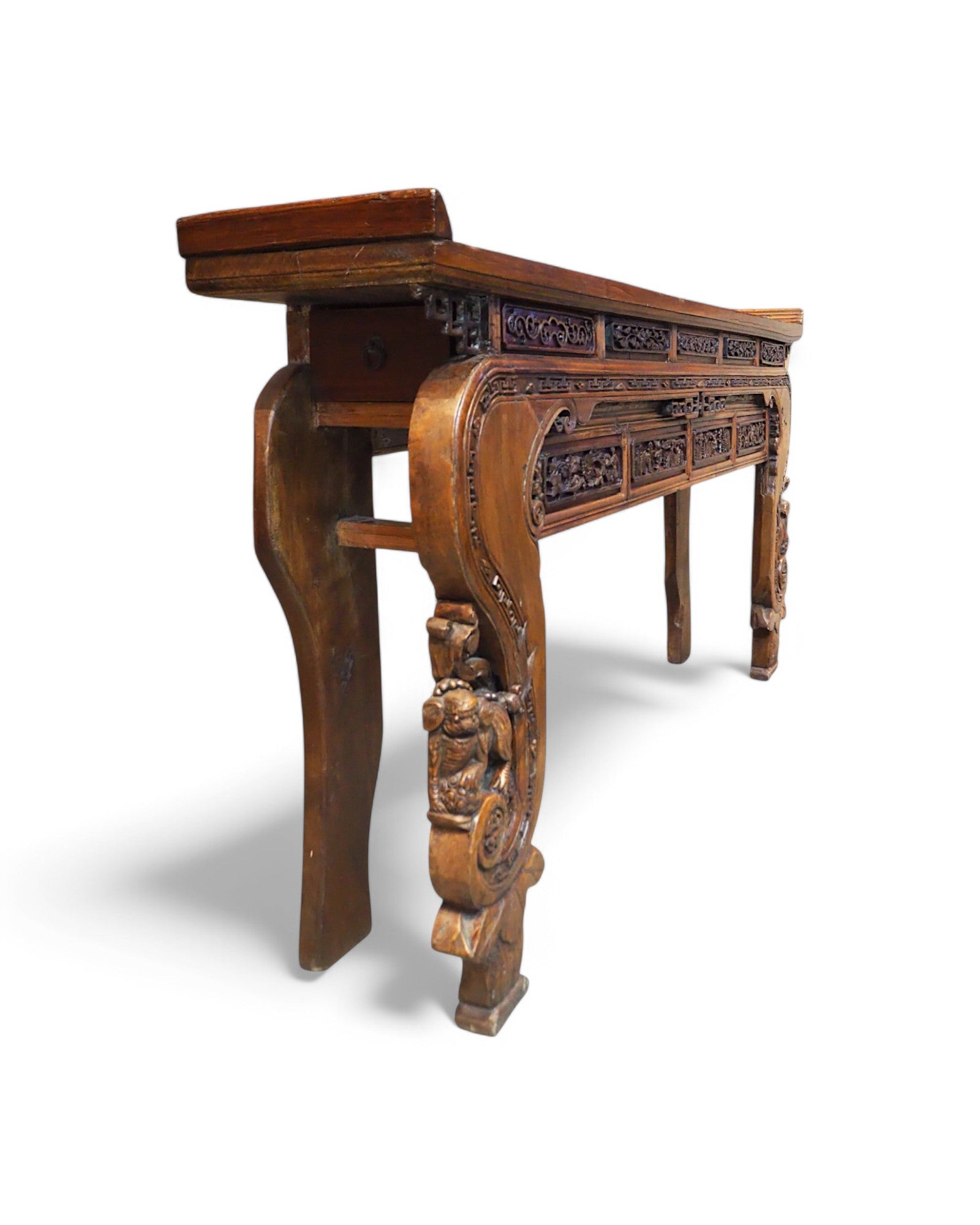 Mid-Qing Dynasty Fujian Long Lion Wing Carved Teak Console Table