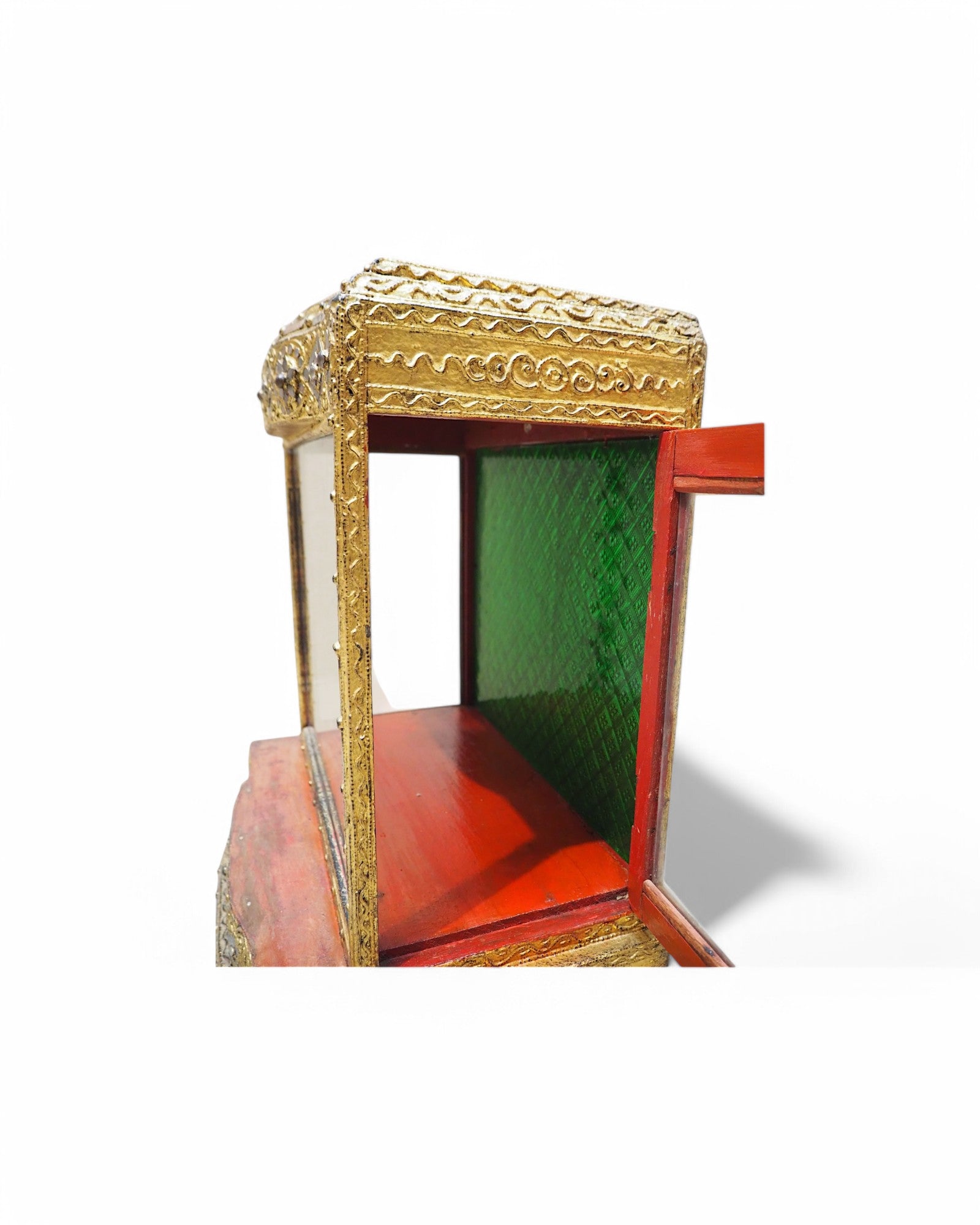 Antique Burmese Wooden Buddha Shrine with Emerald Backdrop