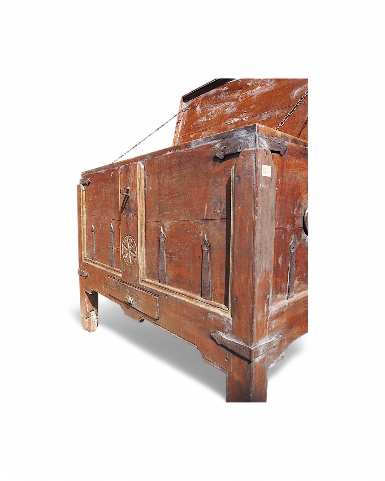 Antique Teak Goa Wheeled Storage Chest 1900s