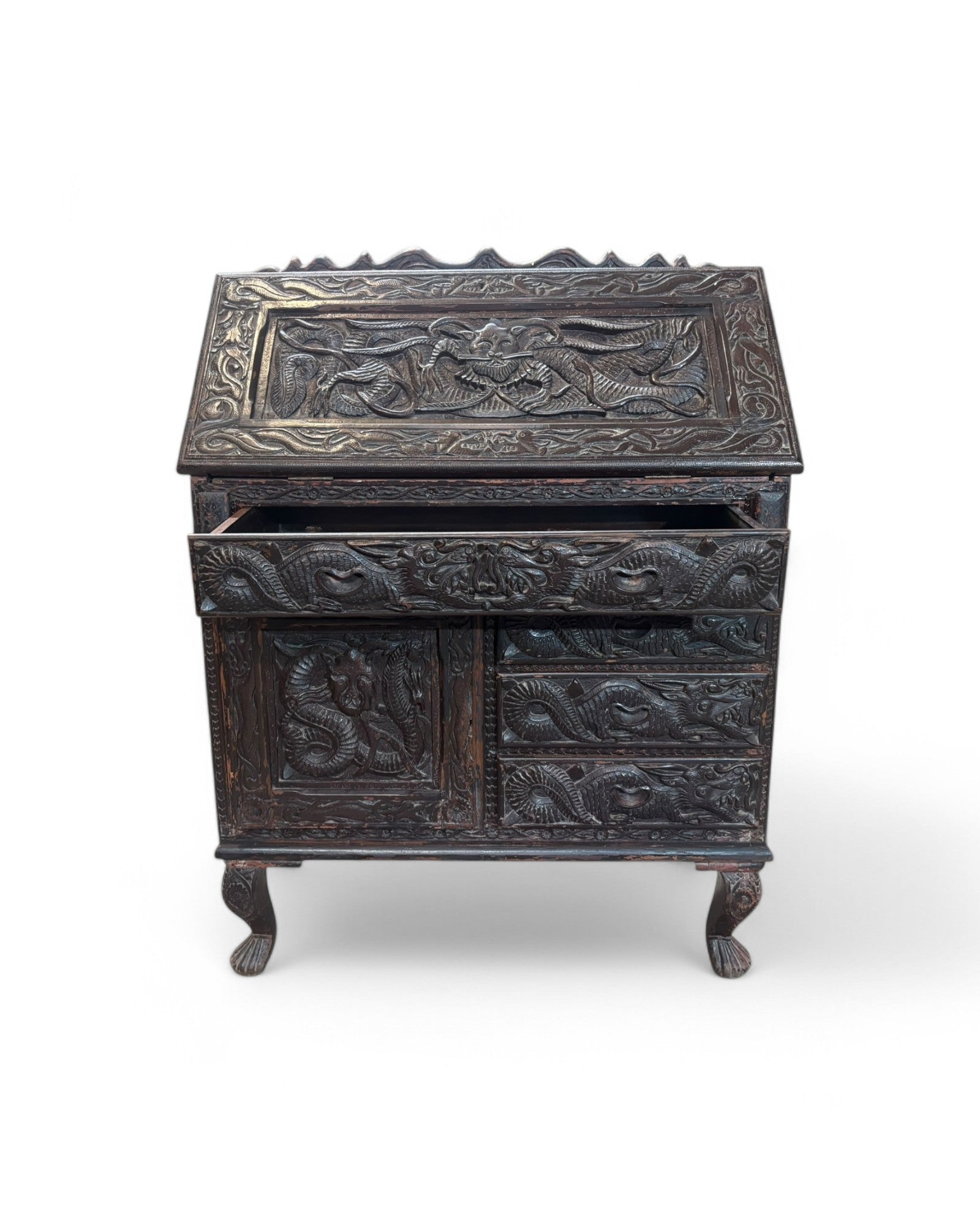 Anglo-Indian Dragon Carved Walnut Antique Bureau Writing Desk