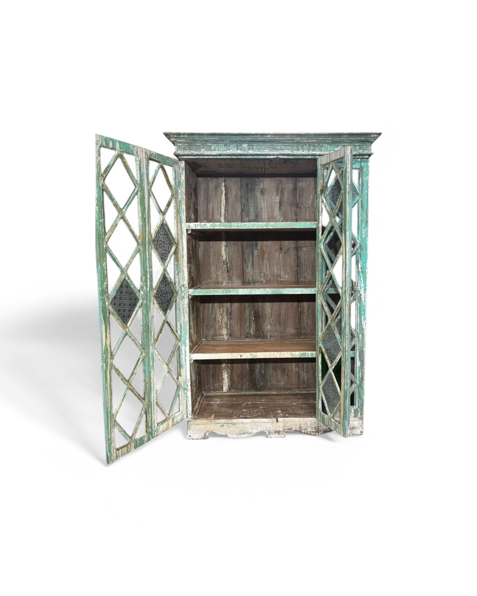 Turquoise Indian Teak Wood Almirah Cabinet with Paneled Foldable Glass Doors