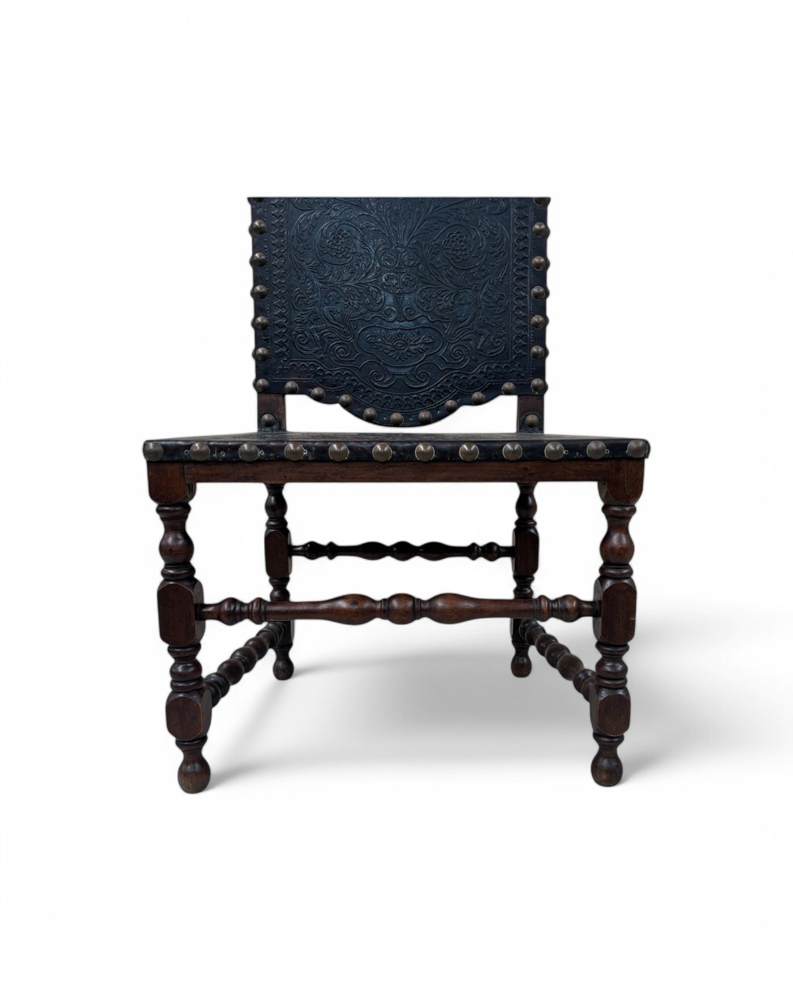 Portugese Embossed Leather Oakwood Dining Chairs - Set of 8
