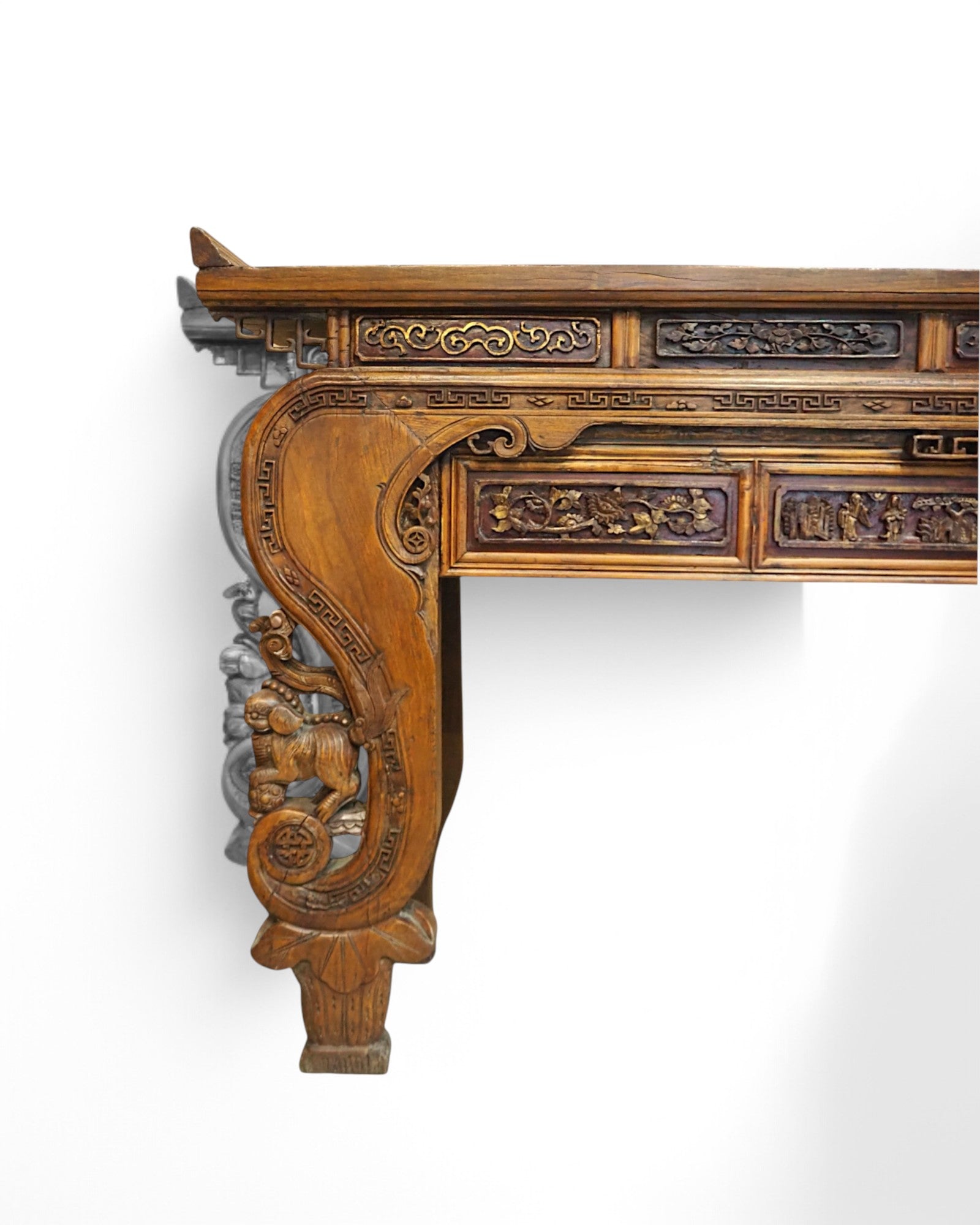 Mid-Qing Dynasty Fujian Long Lion Wing Carved Teak Console Table
