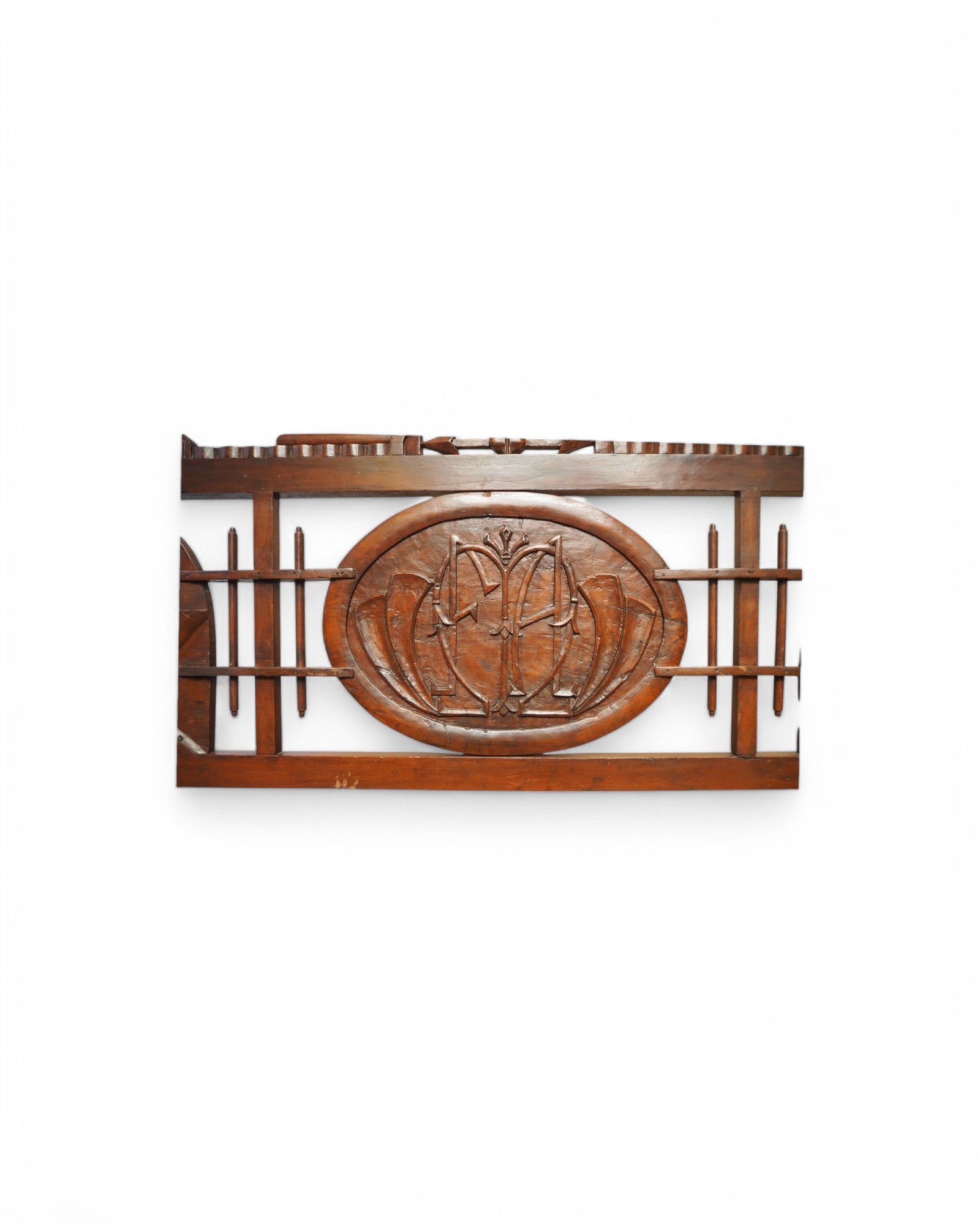 1920s Colonial Carved Emblem Teak Bench - Surround Living - 3