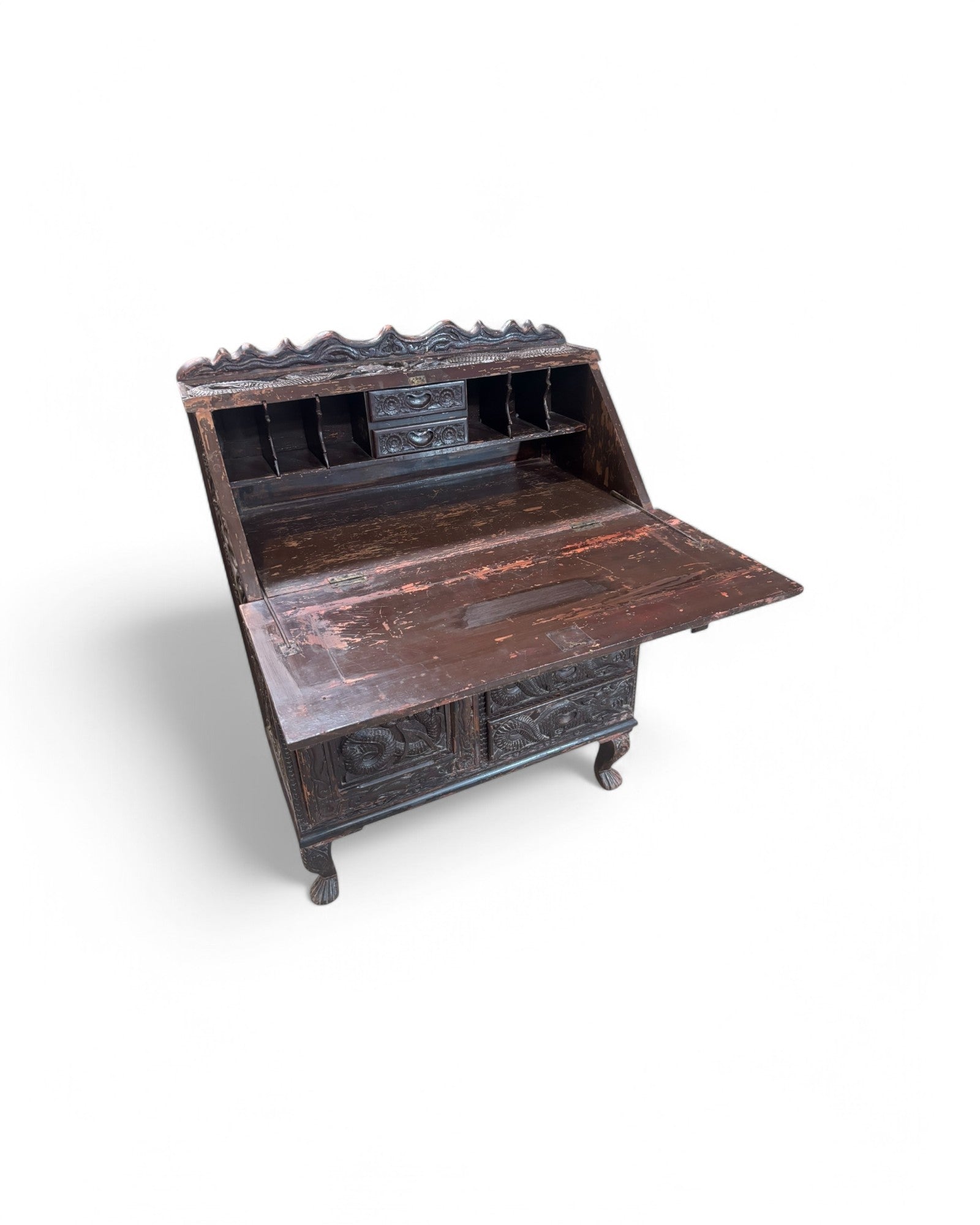 Anglo-Indian Dragon Carved Walnut Antique Bureau Writing Desk