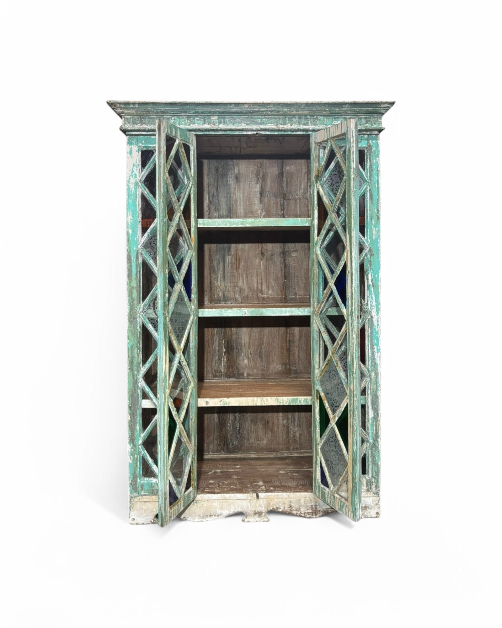 Turquoise Indian Teak Wood Almirah Cabinet with Paneled Foldable Glass Doors