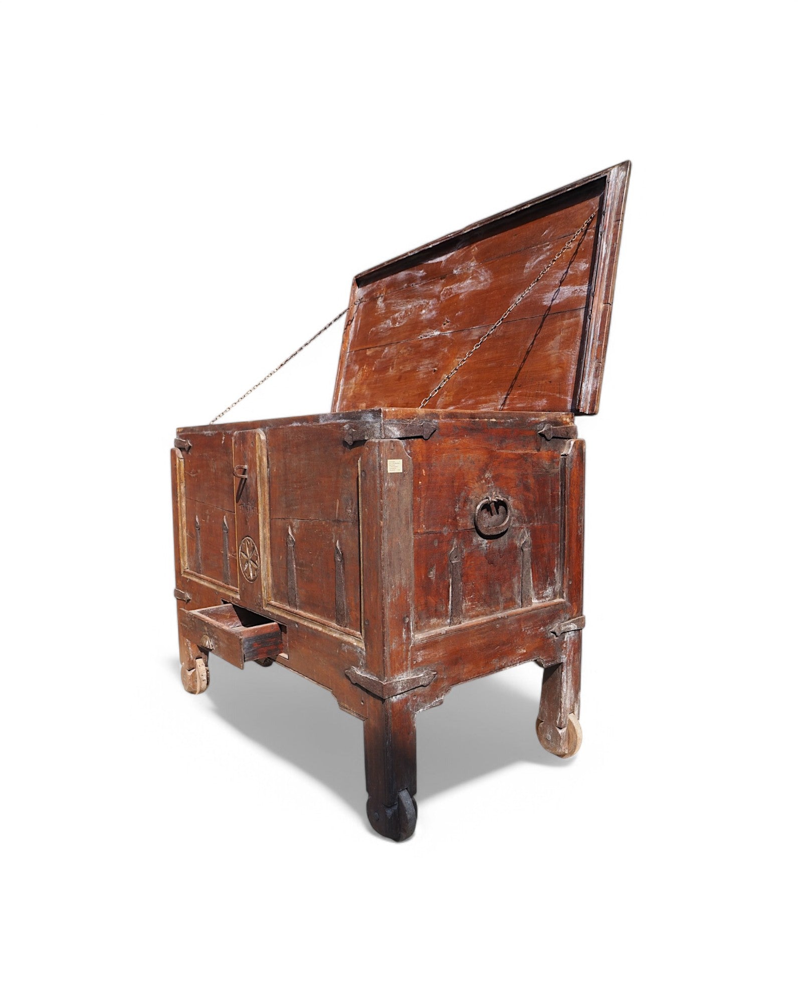 Antique Teak Goa Wheeled Storage Chest 1900s