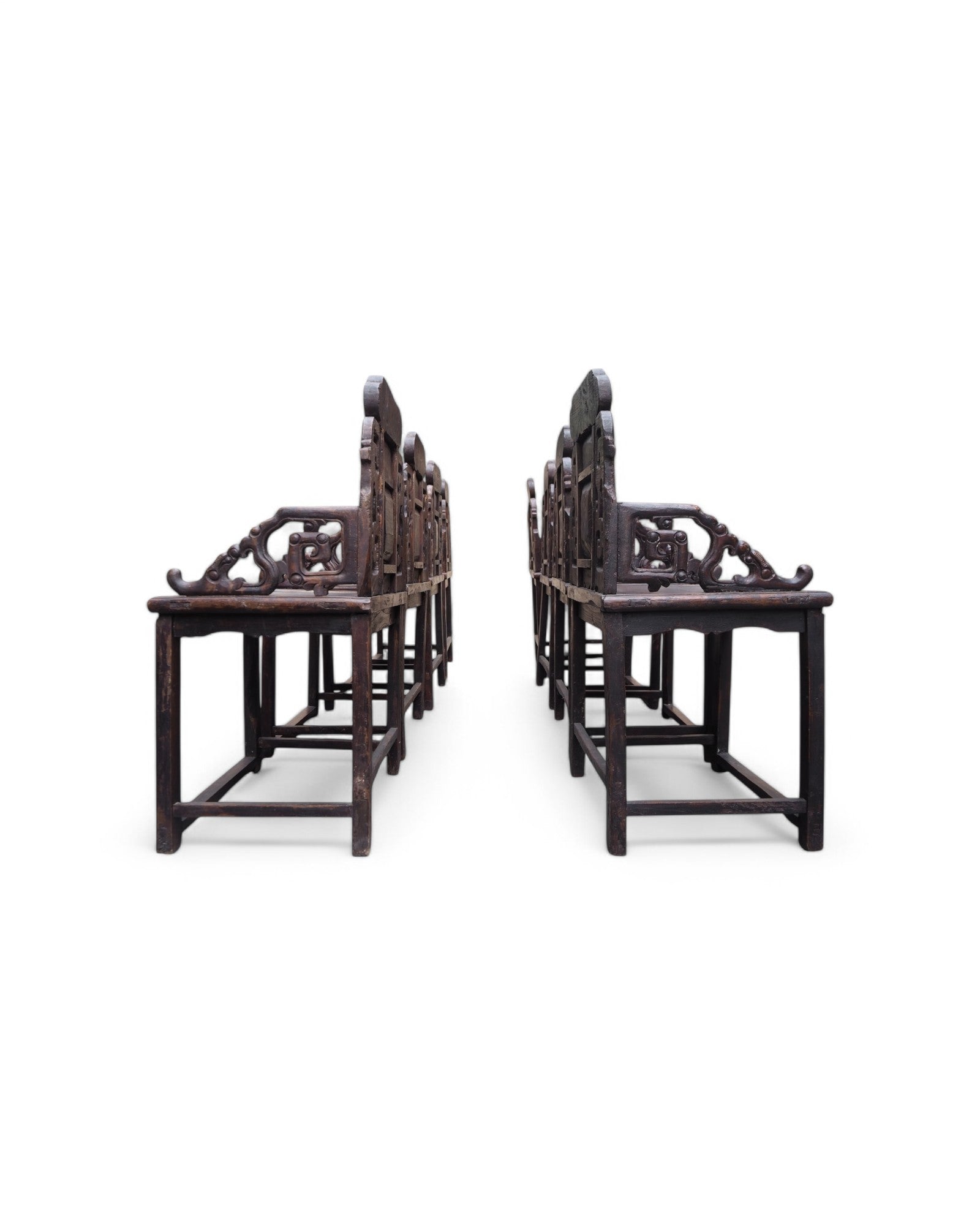 Antique Late Qing Cedar Daily Life Scenic Dining Armchairs - Set of 8