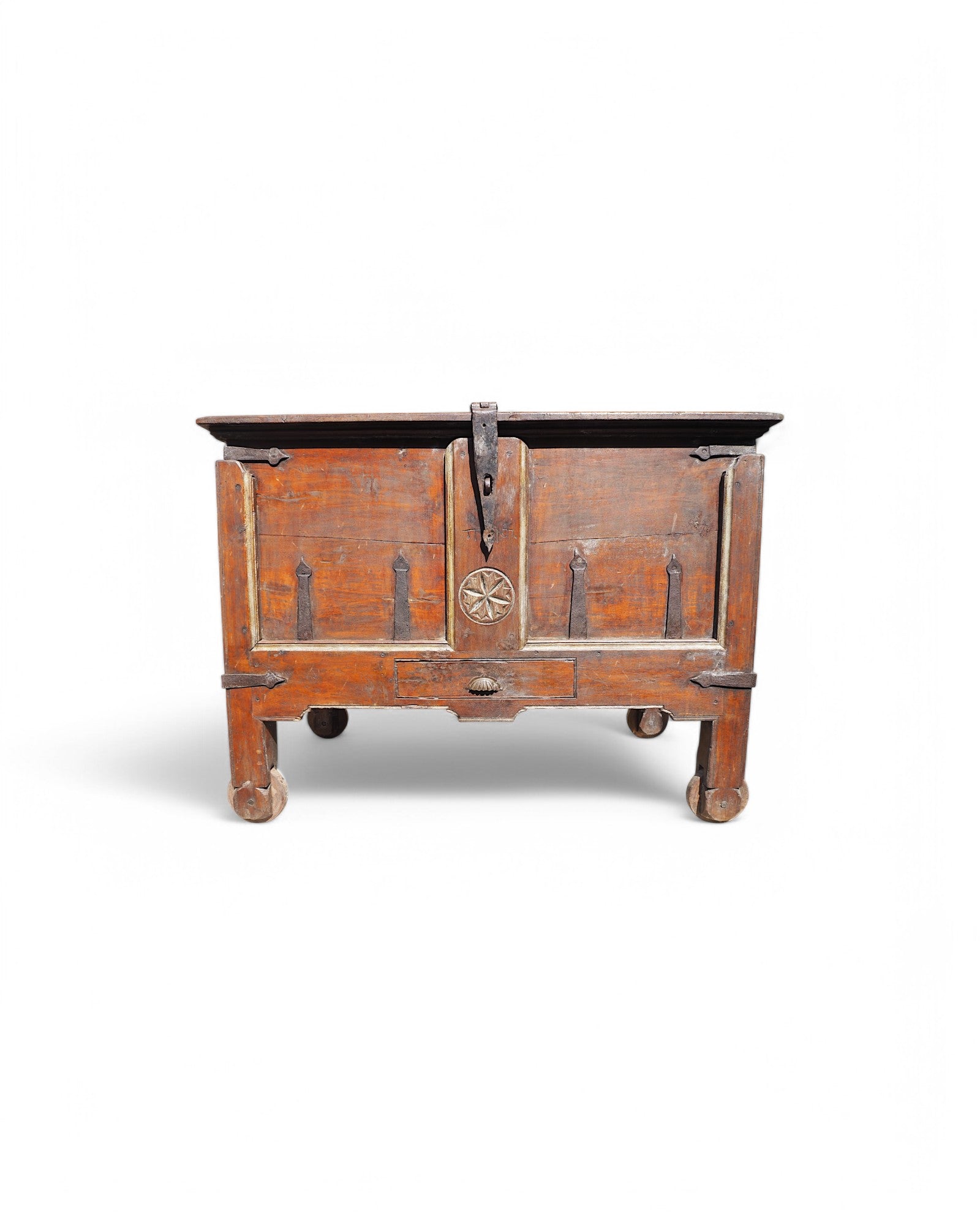 Antique Teak Goa Wheeled Storage Chest 1900s