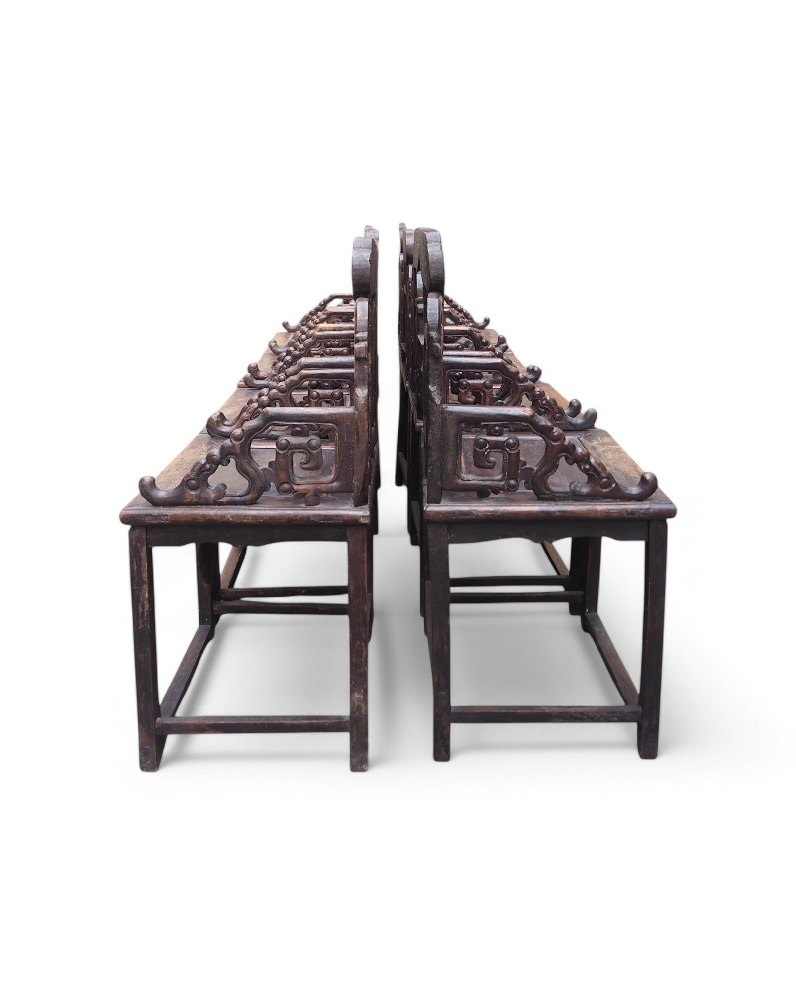 Antique Late Qing Cedar Daily Life Scenic Dining Armchairs - Set of 8