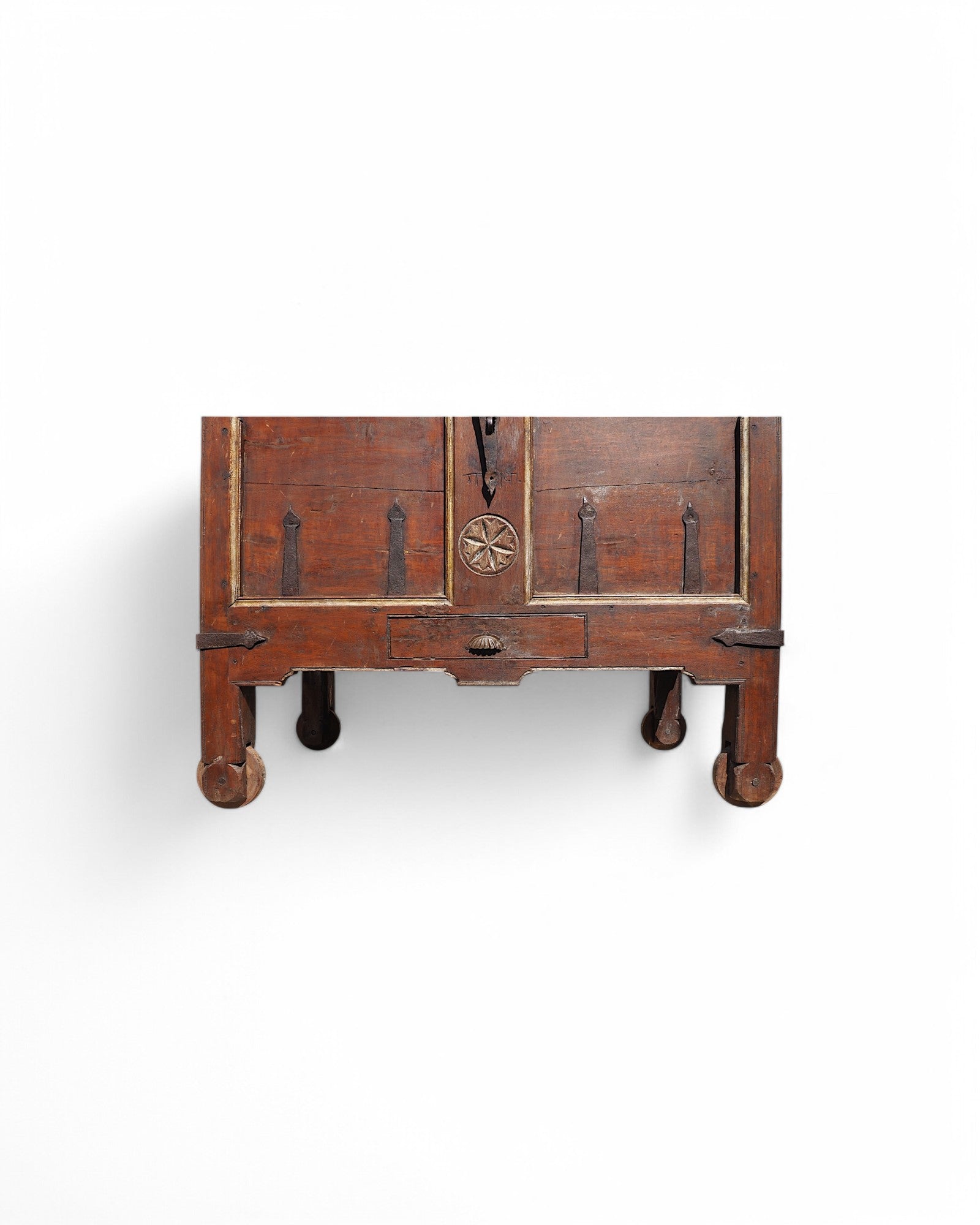 Antique Teak Goa Wheeled Storage Chest 1900s