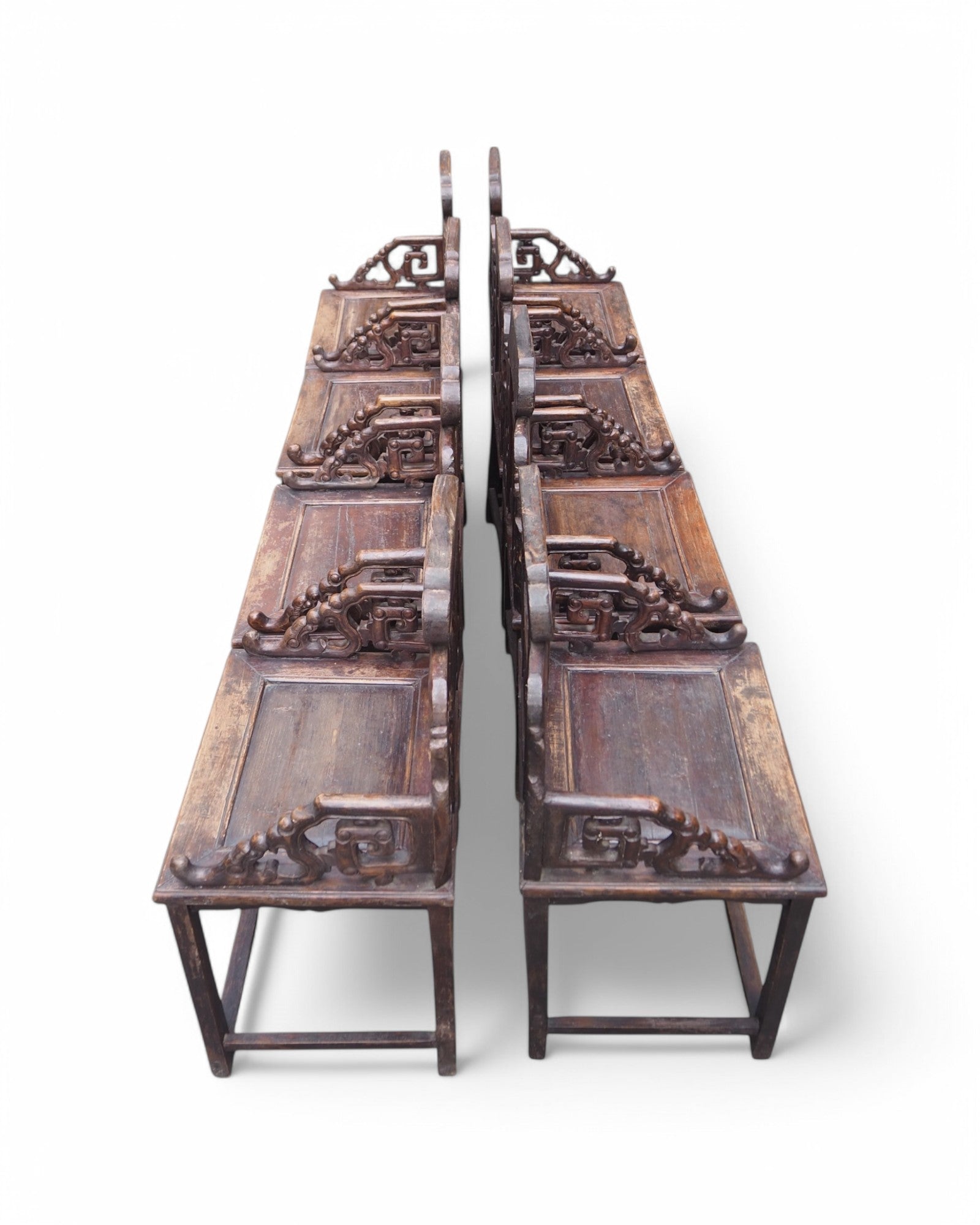 Antique Late Qing Cedar Daily Life Scenic Dining Armchairs - Set of 8