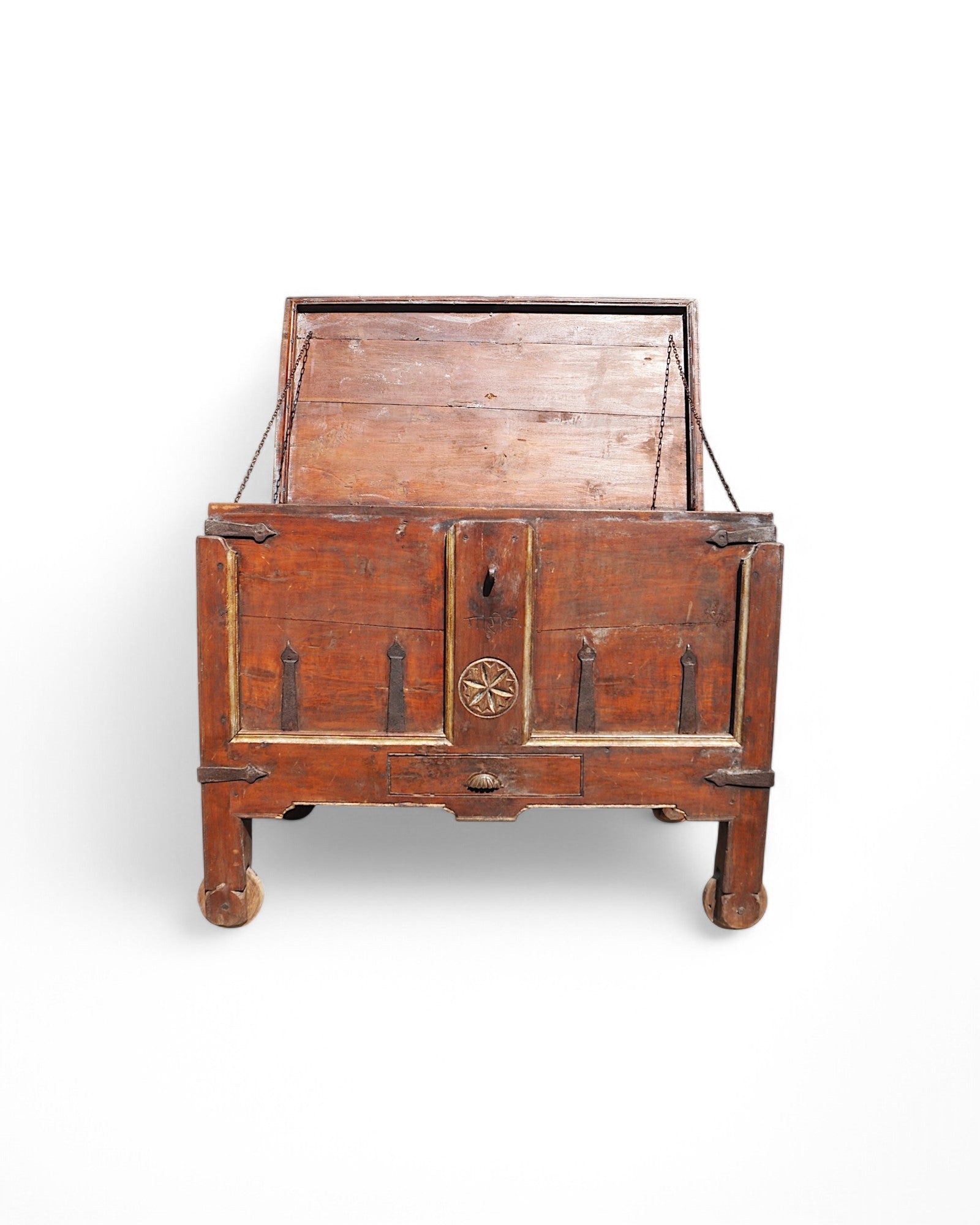 Antique Teak Goa Wheeled Storage Chest 1900s
