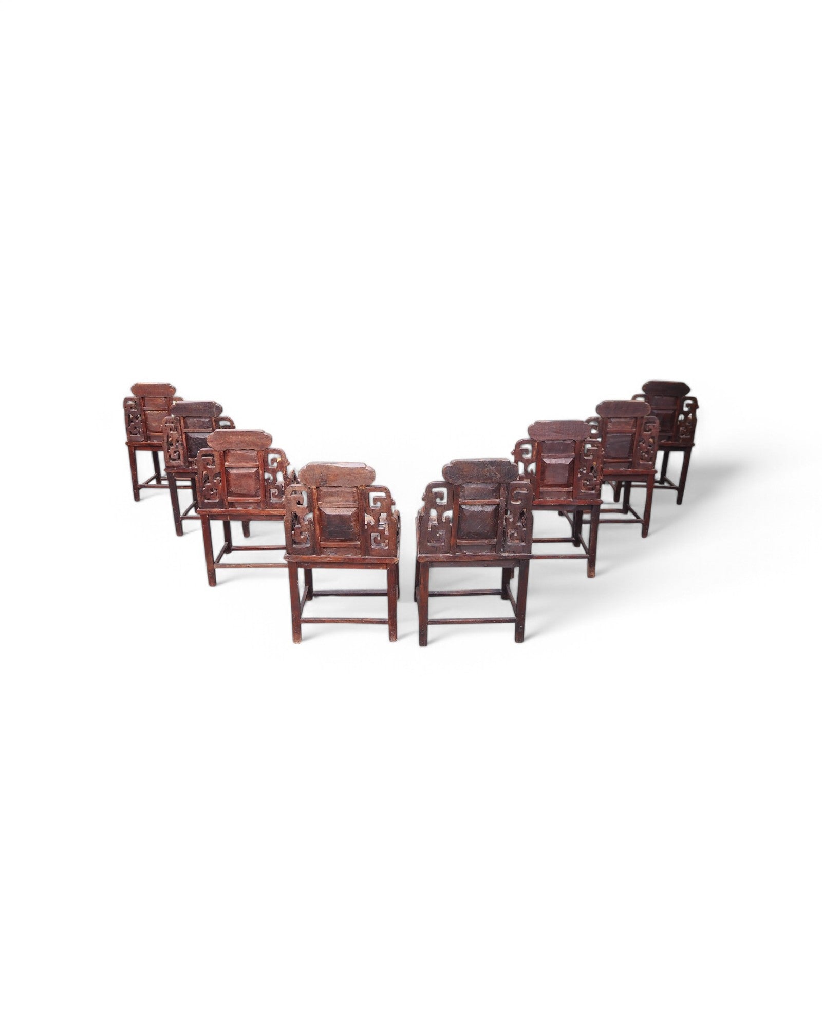 Antique Late Qing Cedar Daily Life Scenic Dining Armchairs - Set of 8