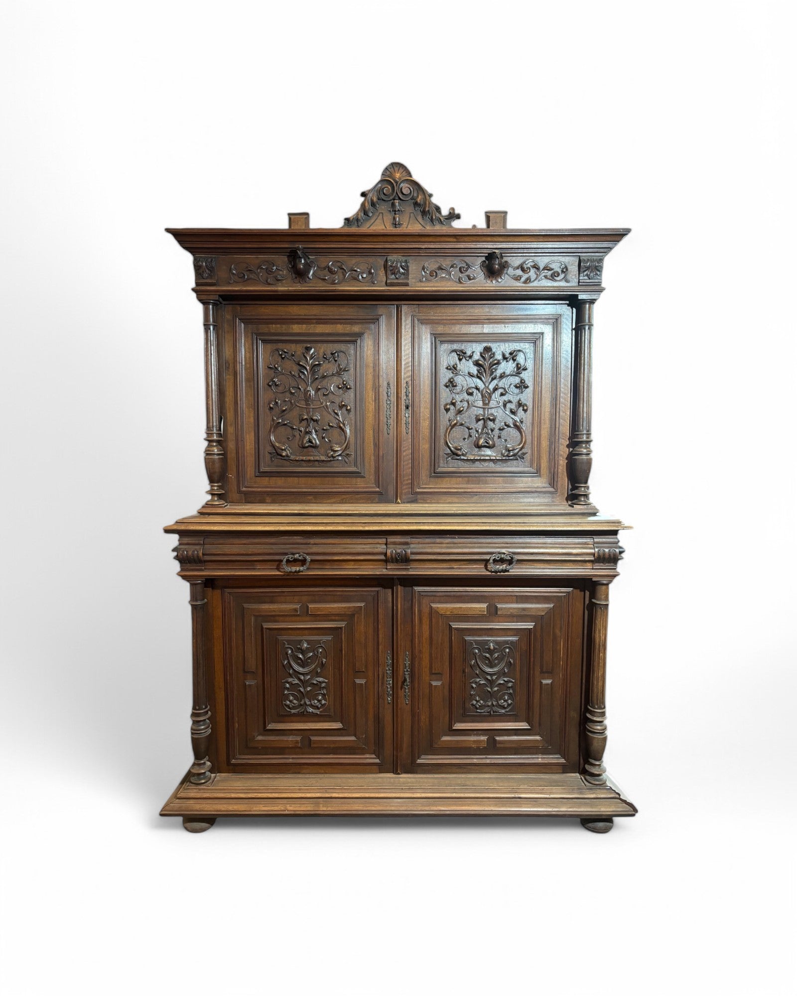 Antique French Floral Henri II Walnut Dresser/Cabinet