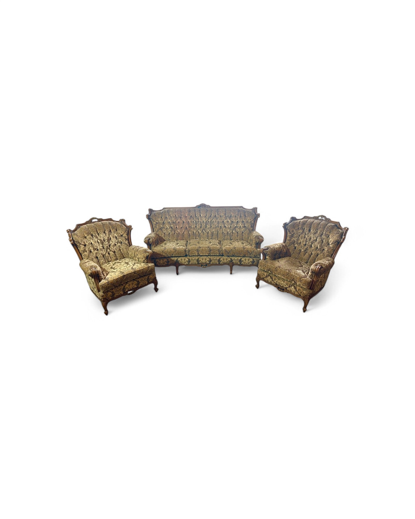 French Carved Walnut Three Seater Sofa & Two Matching Armchairs - Set of 3