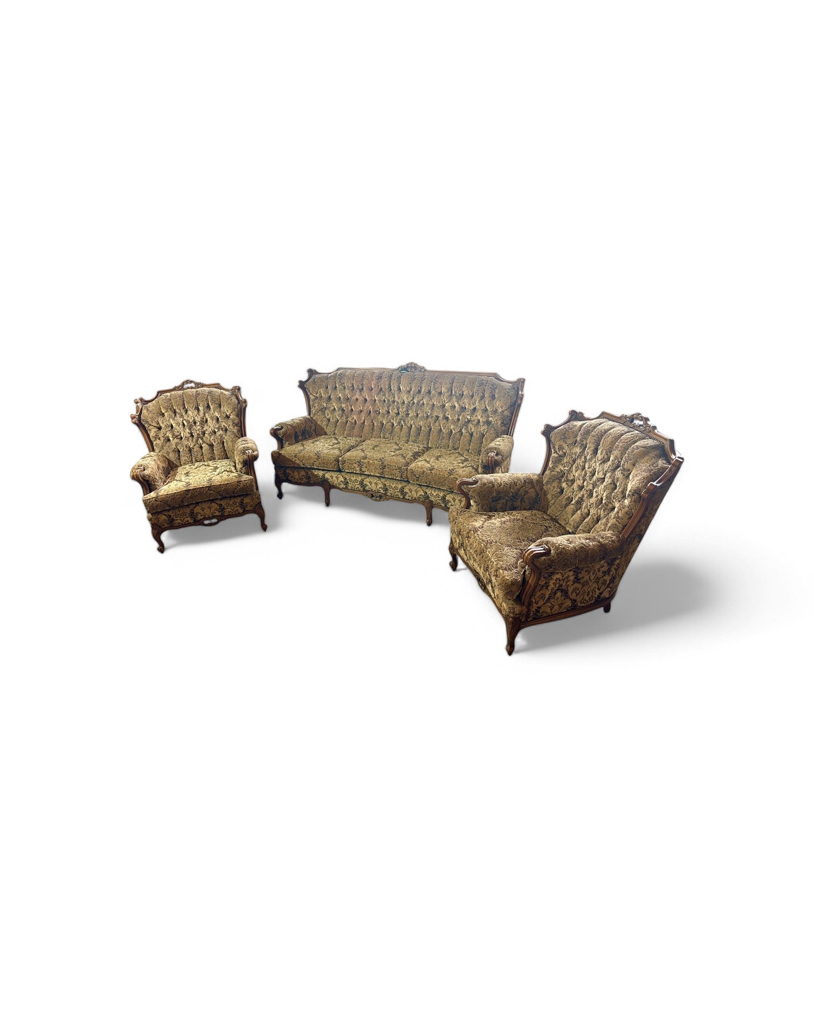 French Carved Walnut Three Seater Sofa & Two Matching Armchairs - Set of 3