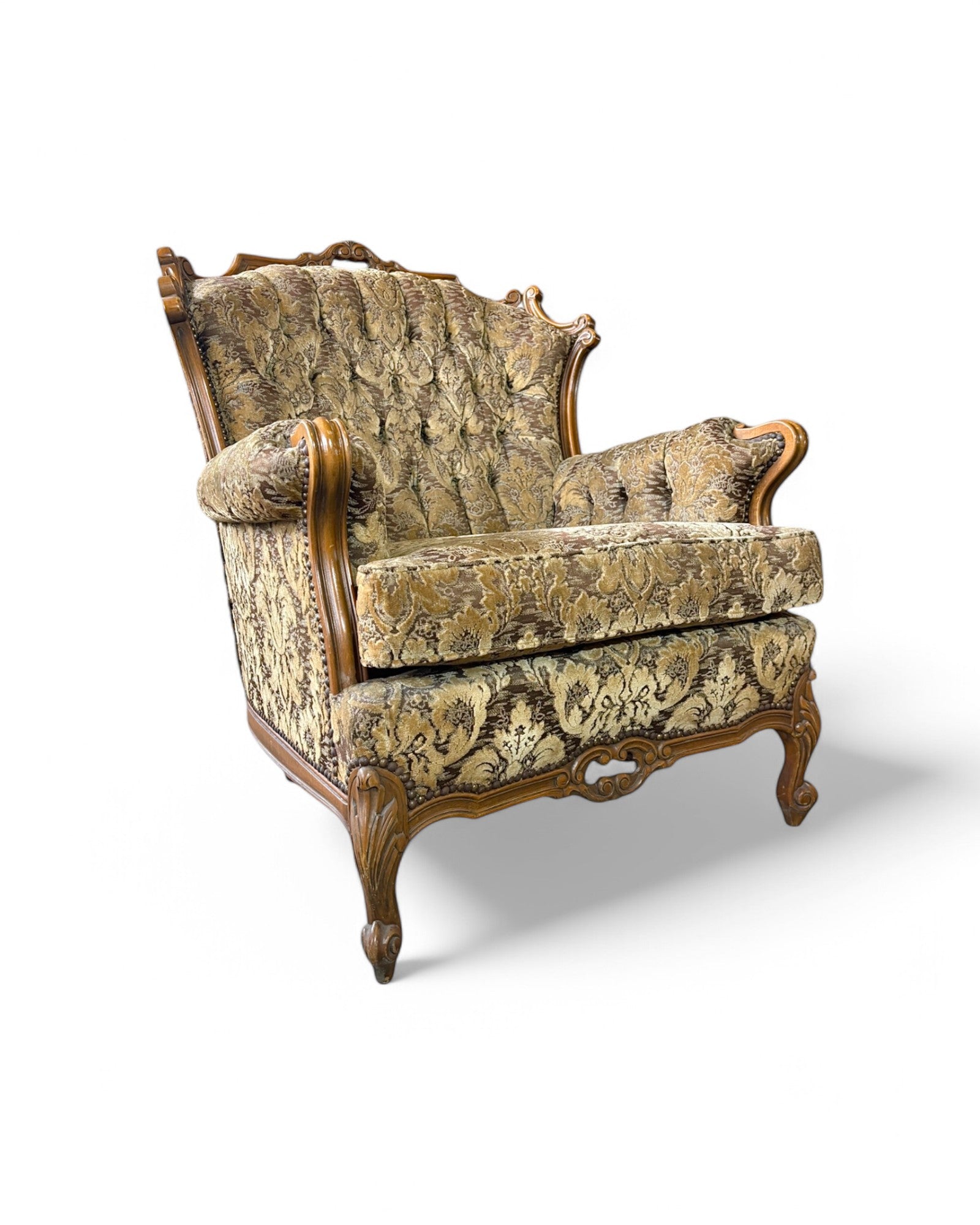 French Carved Walnut Three Seater Sofa & Two Matching Armchairs - Set of 3