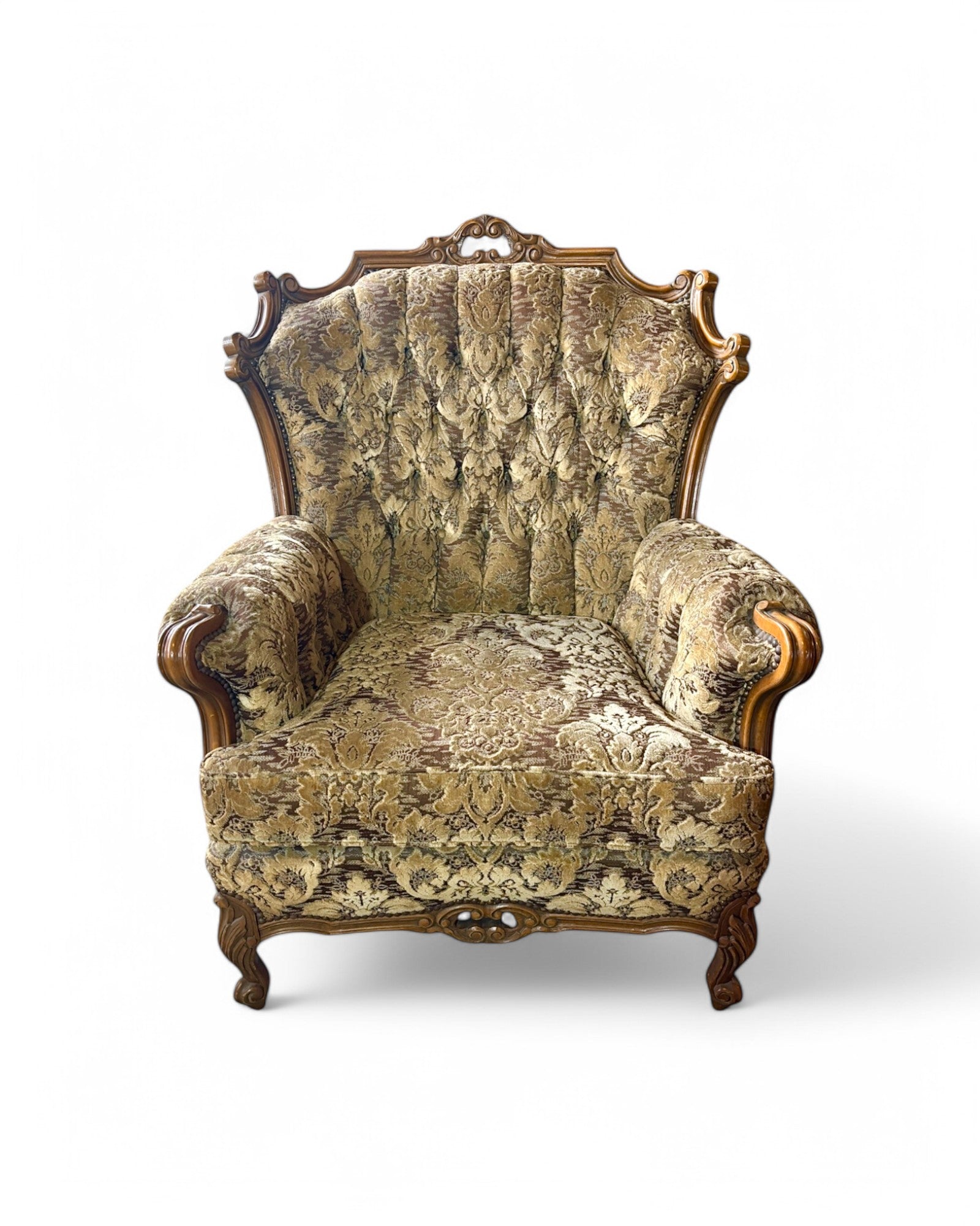 French Carved Walnut Three Seater Sofa & Two Matching Armchairs - Set of 3