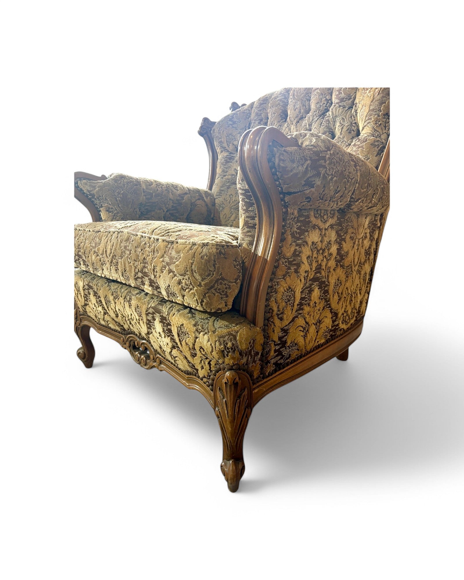 French Carved Walnut Three Seater Sofa & Two Matching Armchairs - Set of 3