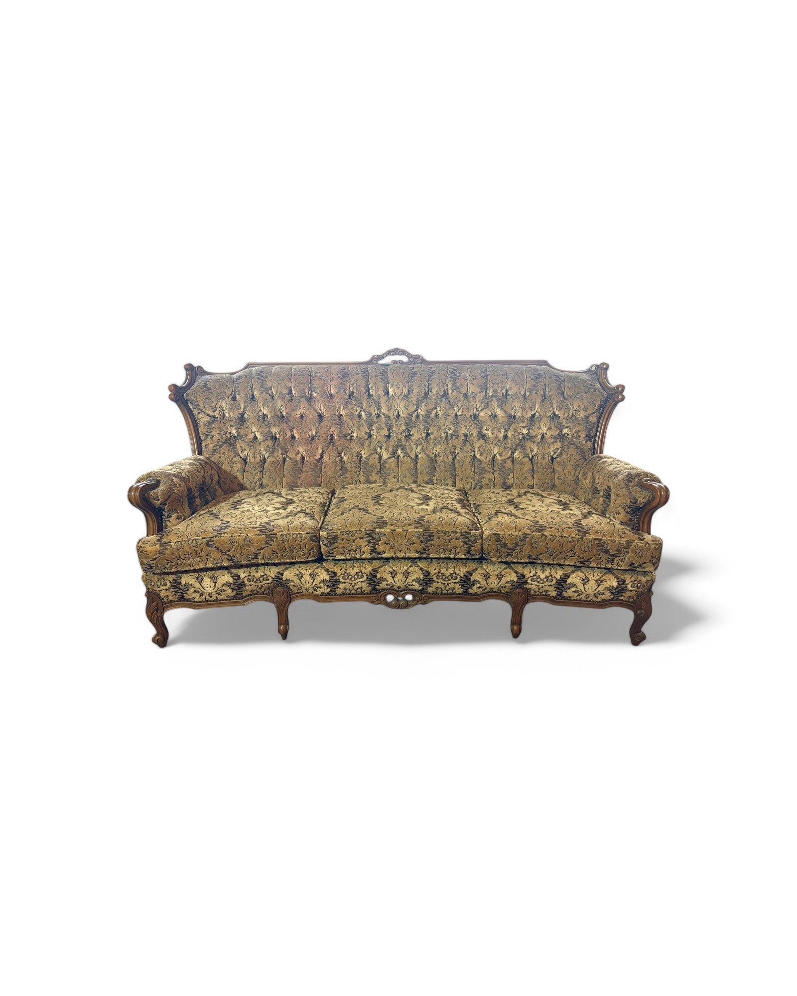 French Carved Walnut Three Seater Sofa & Two Matching Armchairs - Set of 3