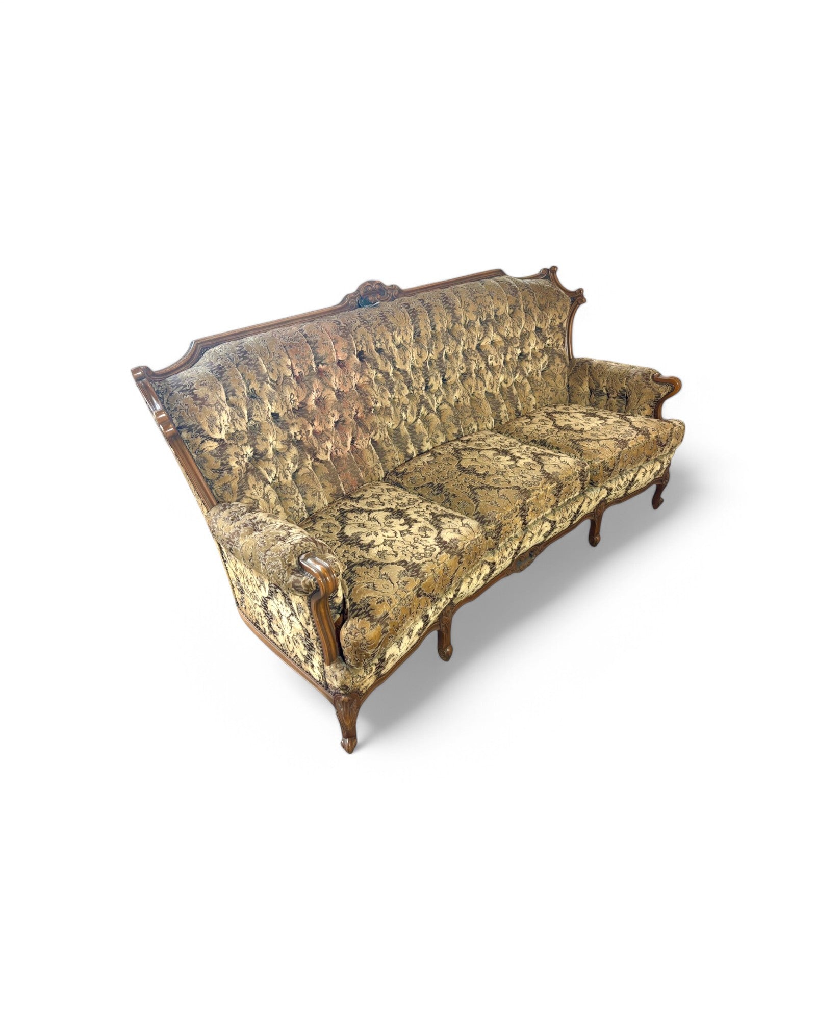 French Carved Walnut Three Seater Sofa & Two Matching Armchairs - Set of 3