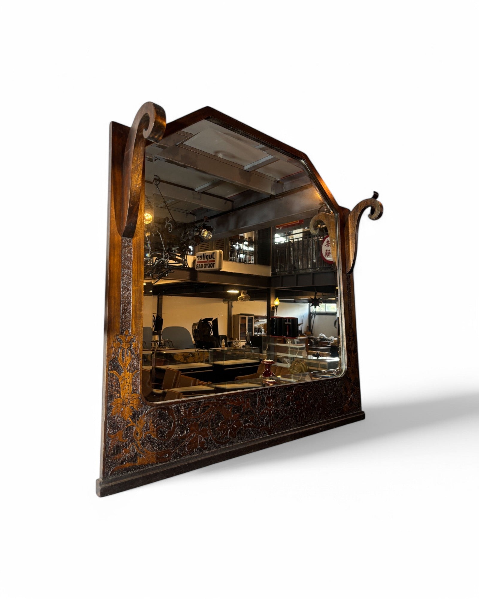 Walnut Antique Mirror Hand-Etched, Floral Design