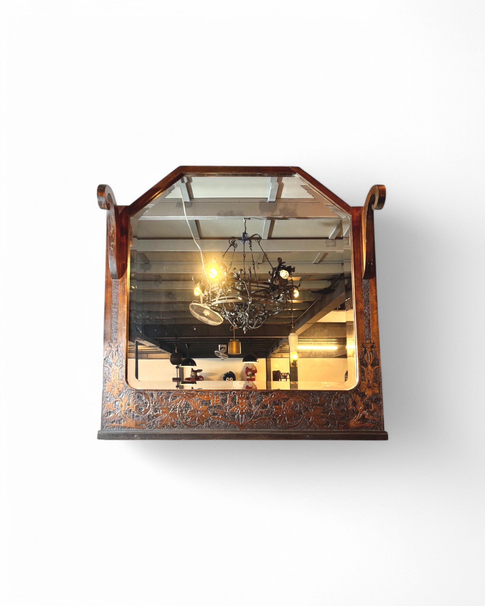 Walnut Antique Mirror Hand-Etched, Floral Design